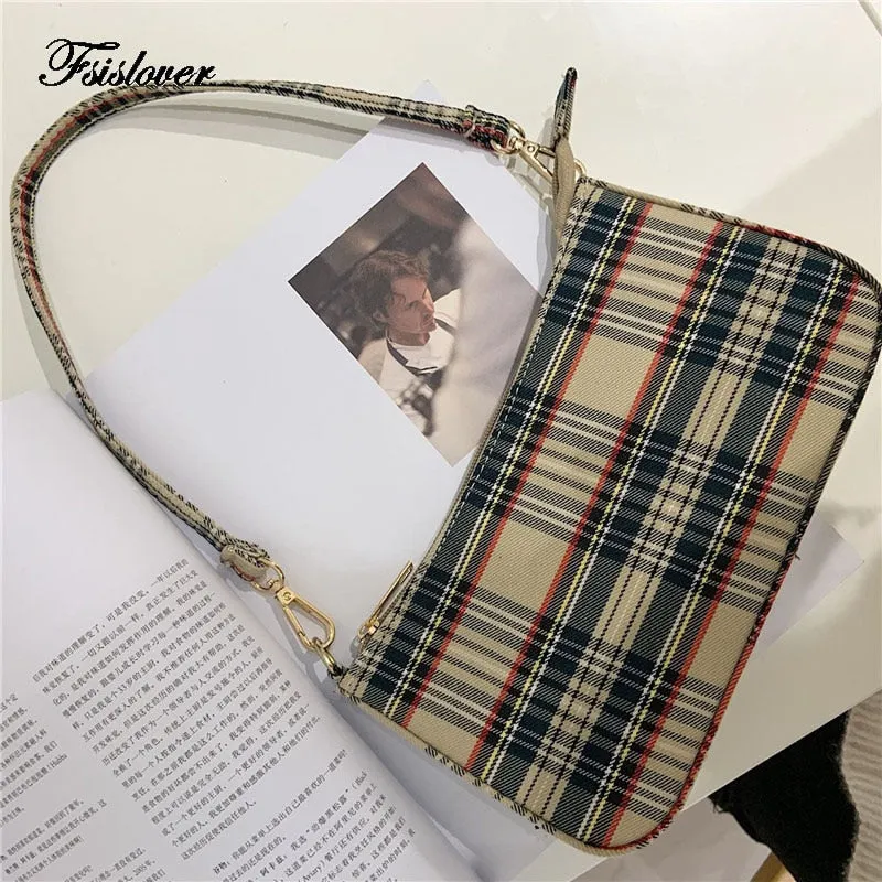 2021 Vintage Plaid Women Bag Bolsas Luxury Designer Handbags Ladies Leather Handbags Messenger Purse Retro Baguette Tote Bags