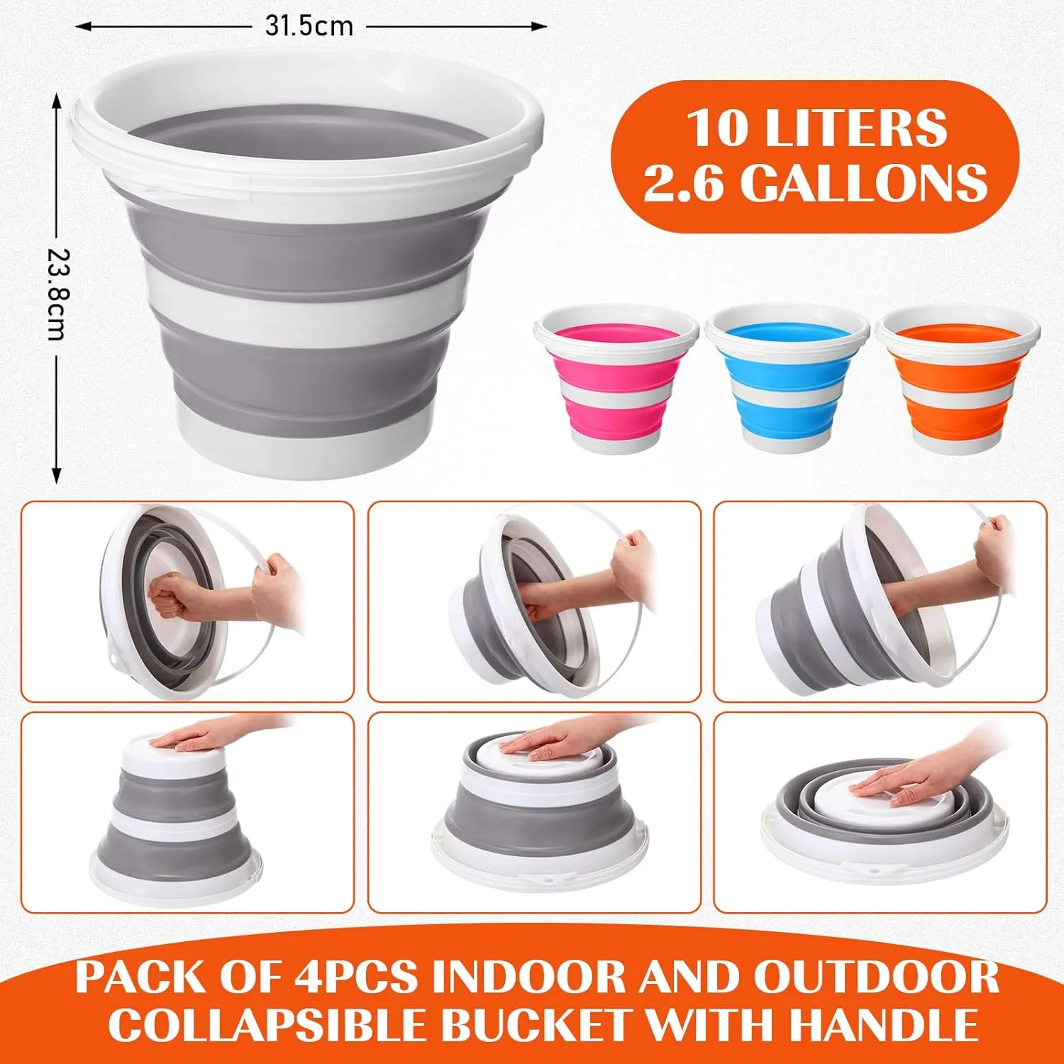 4 Pcs Collapsible Bucket Small Cleaning Bucket with Handle 2. 6 Gallon (10l) with Each, Foldable Round Tub for Household Outdoor Car Washing Portable Camping Beach Sand Tub(Blue, Pink, Orange, Gray)