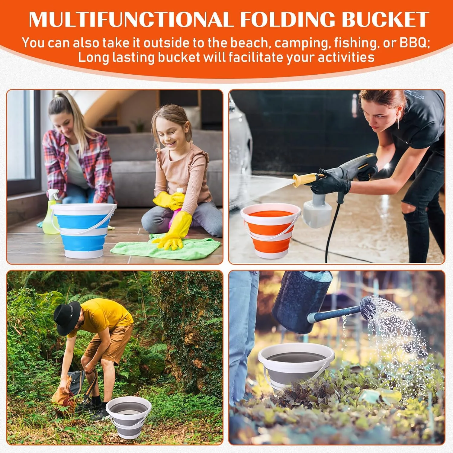 4 Pcs Collapsible Bucket Small Cleaning Bucket with Handle 2. 6 Gallon (10l) with Each, Foldable Round Tub for Household Outdoor Car Washing Portable Camping Beach Sand Tub(Blue, Pink, Orange, Gray)