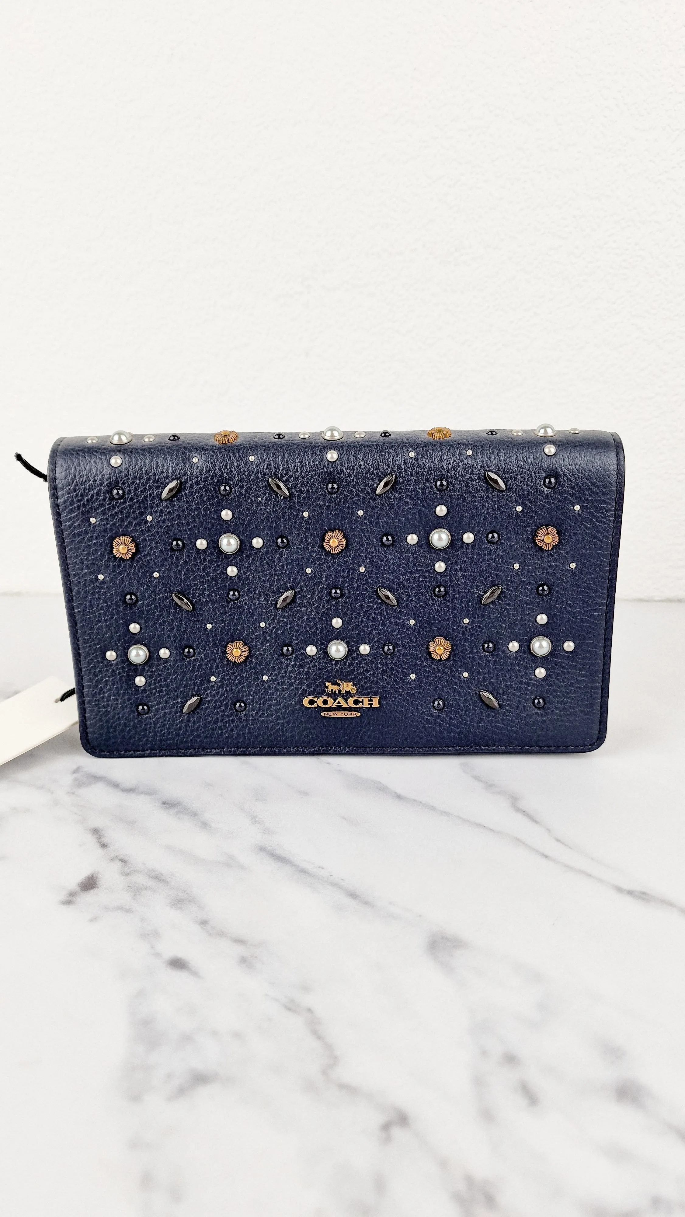 Callie Foldover Clutch With Prairie Rivets Midnight Navy Blue - Coach 31731
