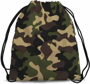 Camouflage Pattern Drawstring Backpack Adjustable Shoulder Strap Green Brown Black Olive Colors Forest Texture Drawstring Bag Sutiable for Sports Beach Short Travel Stroage 14x16.9 Inch