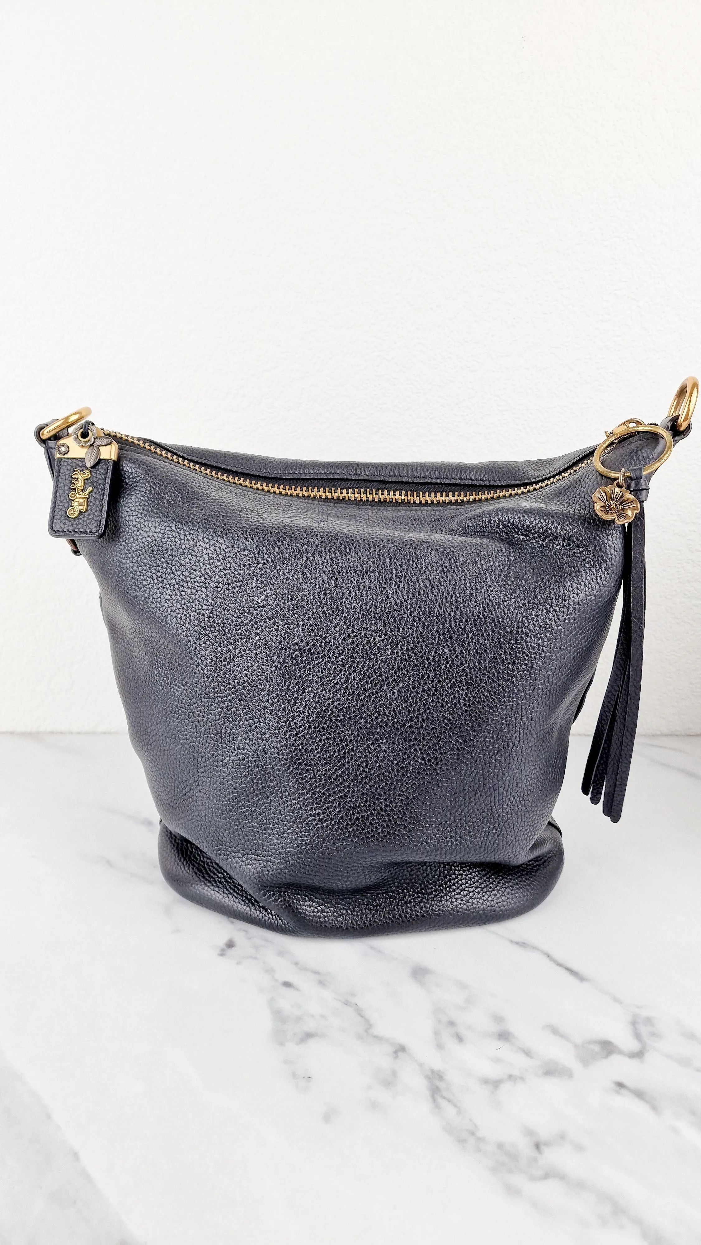 Coach 1941 Duffle Bag with Border Rivets in Black Pebble Leather with Zip Top Tea Rose - Crossbody bag