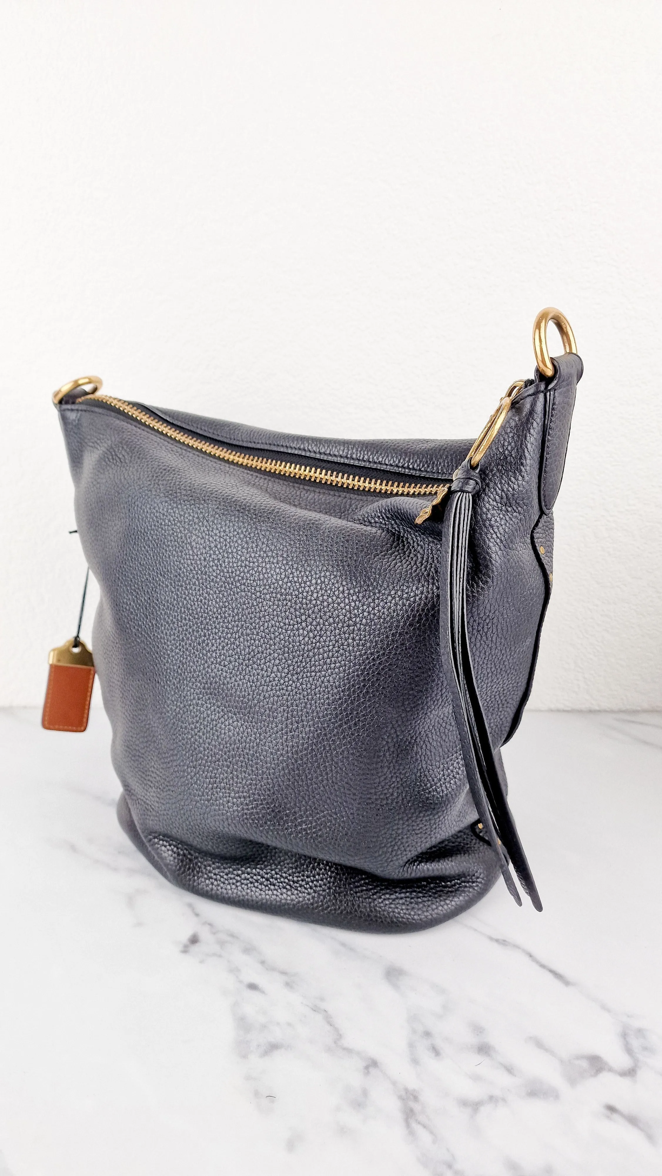Coach 1941 Duffle Bag with Border Rivets in Black Pebble Leather with Zip Top Tea Rose - Crossbody bag