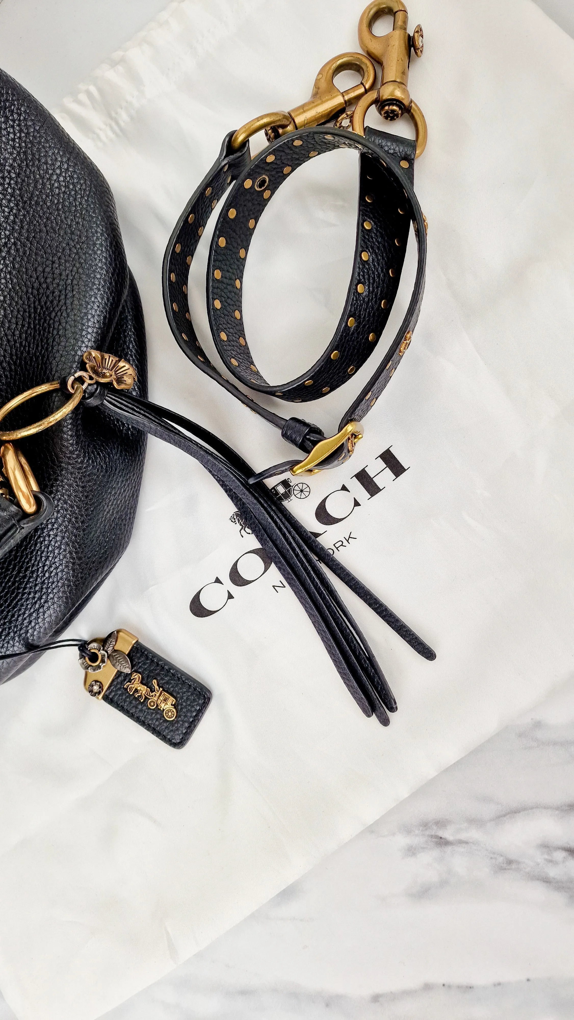 Coach 1941 Duffle Bag with Border Rivets in Black Pebble Leather with Zip Top Tea Rose - Crossbody bag