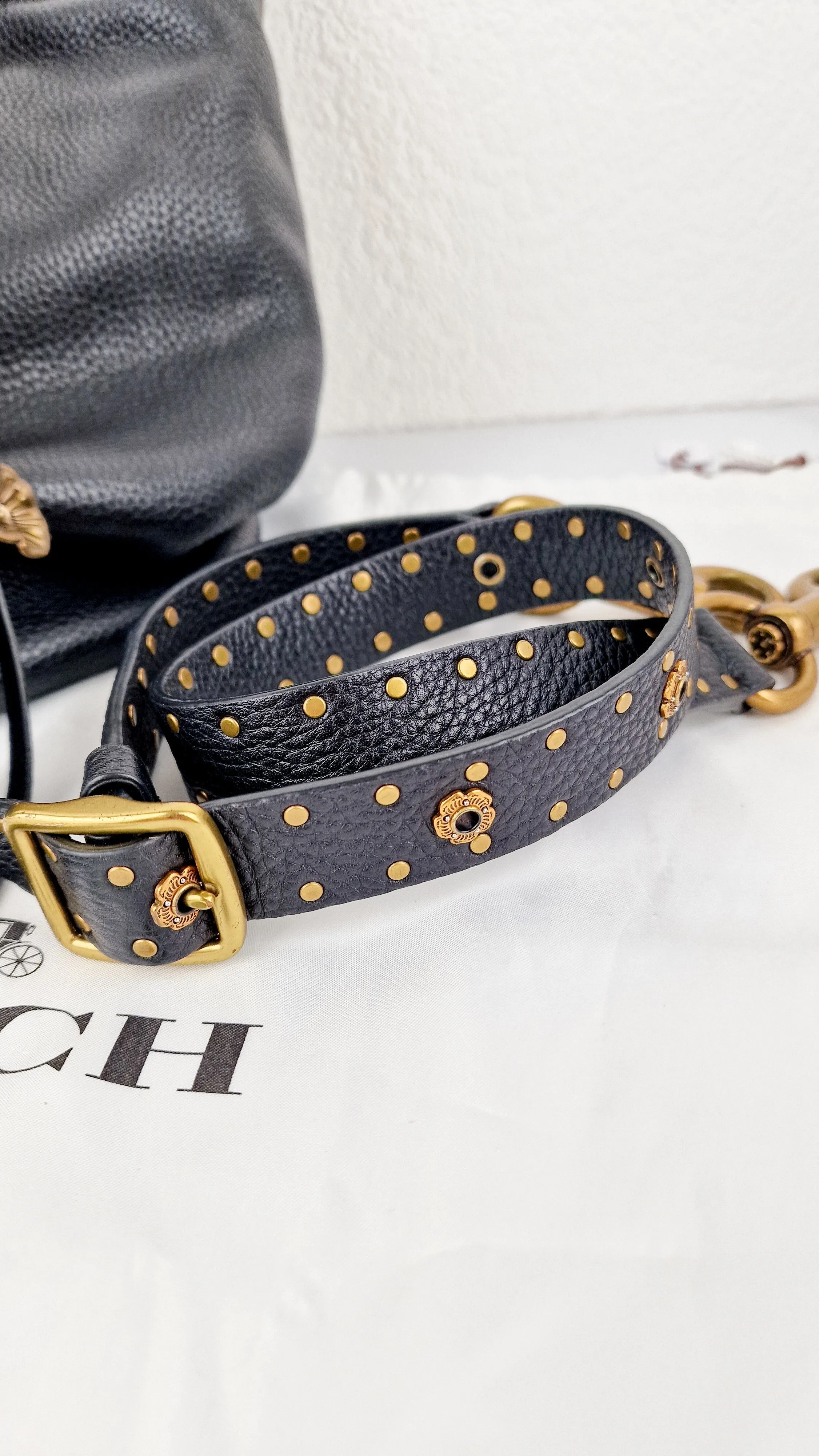 Coach 1941 Duffle Bag with Border Rivets in Black Pebble Leather with Zip Top Tea Rose - Crossbody bag