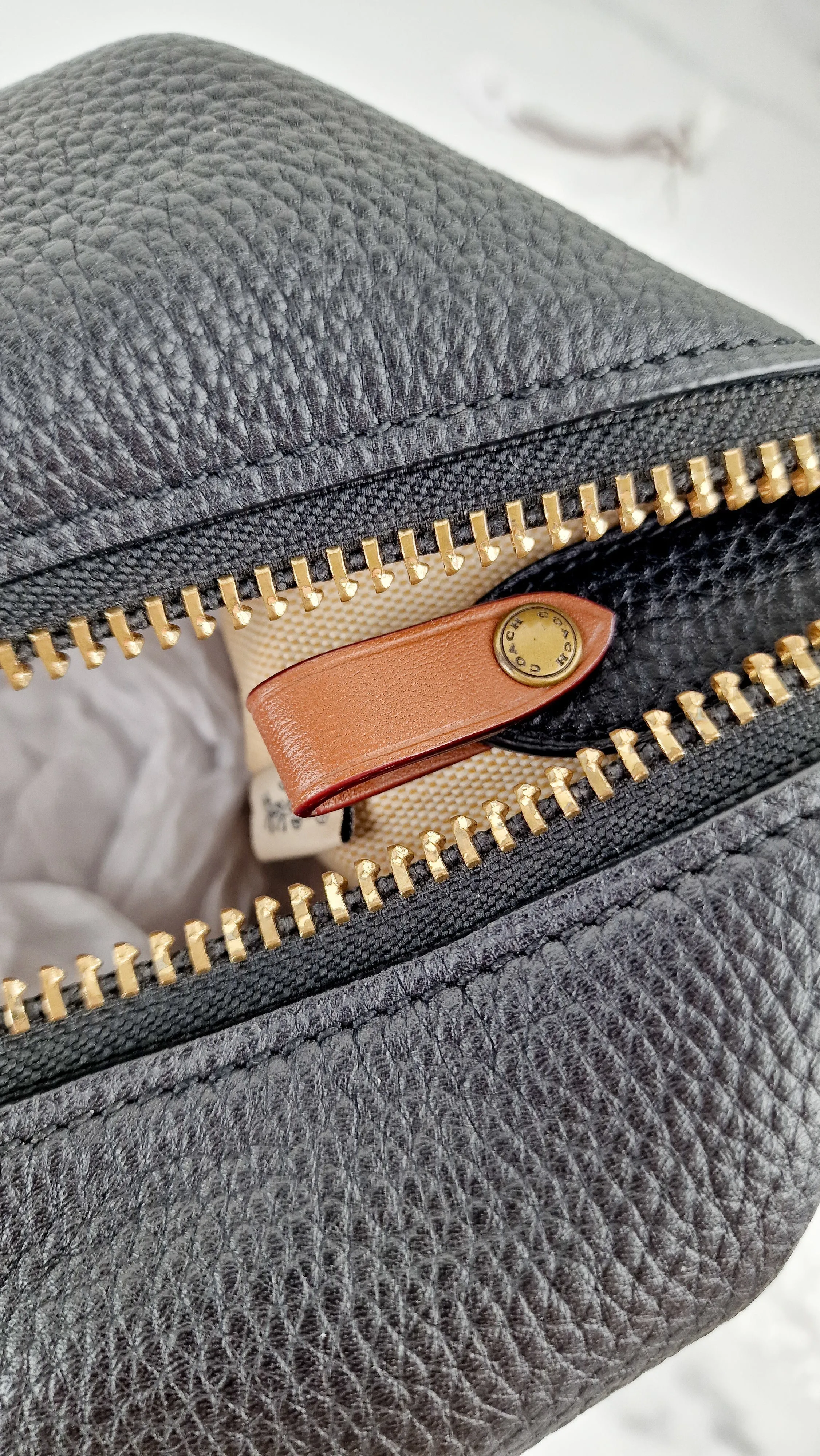Coach 1941 Duffle Bag with Border Rivets in Black Pebble Leather with Zip Top Tea Rose - Crossbody bag