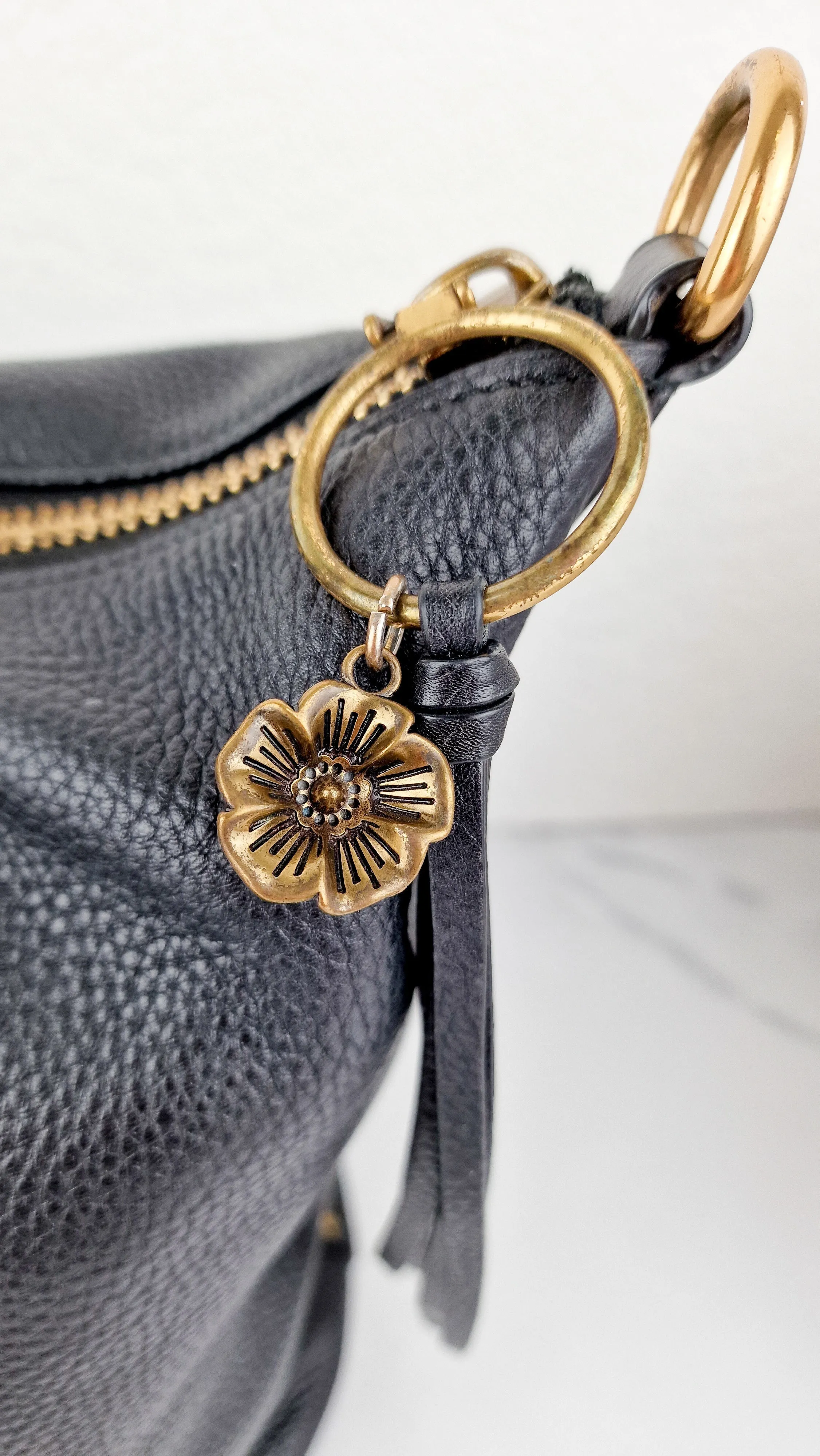 Coach 1941 Duffle Bag with Border Rivets in Black Pebble Leather with Zip Top Tea Rose - Crossbody bag