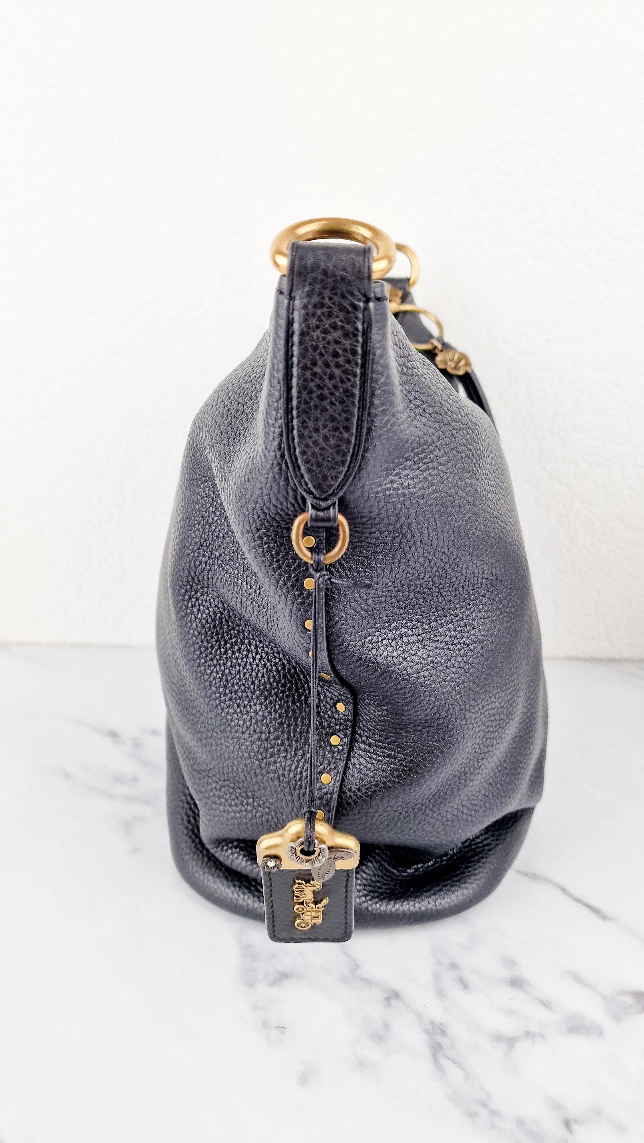 Coach 1941 Duffle Bag with Border Rivets in Black Pebble Leather with Zip Top Tea Rose - Crossbody bag