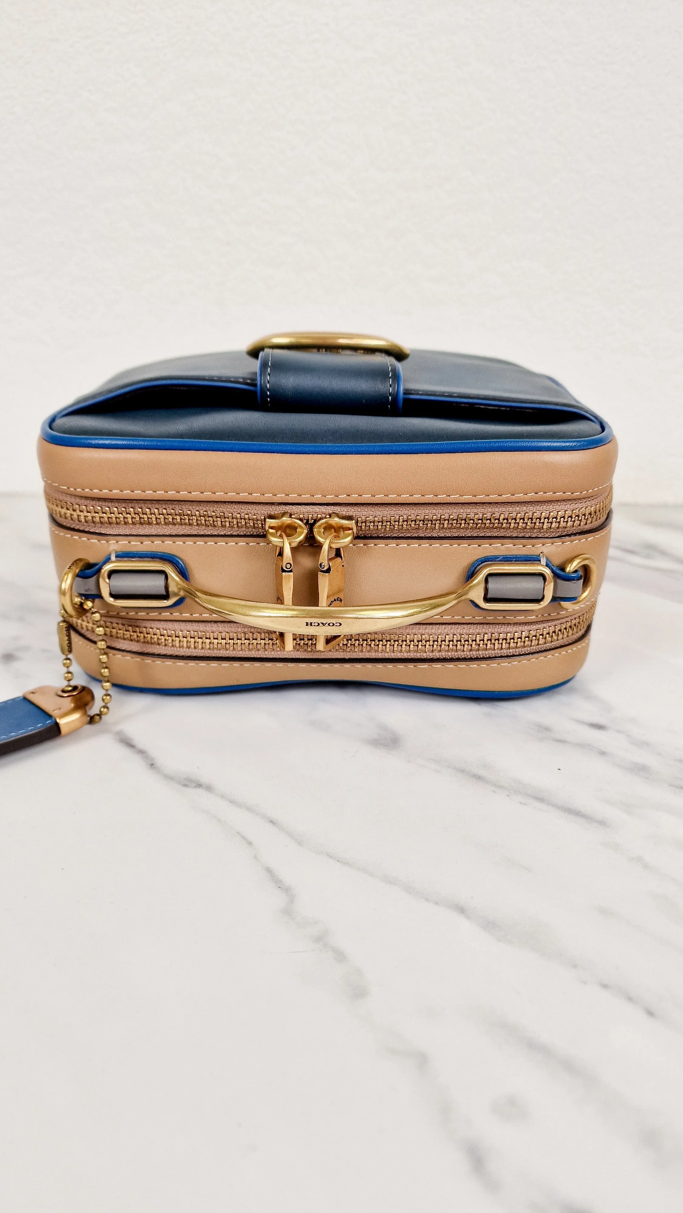 Coach 1941 Riley Lunchbox Bag in Dark Denim Blue Colorblock Smooth Leather Tophandle Crossbody Bag - Coach 704