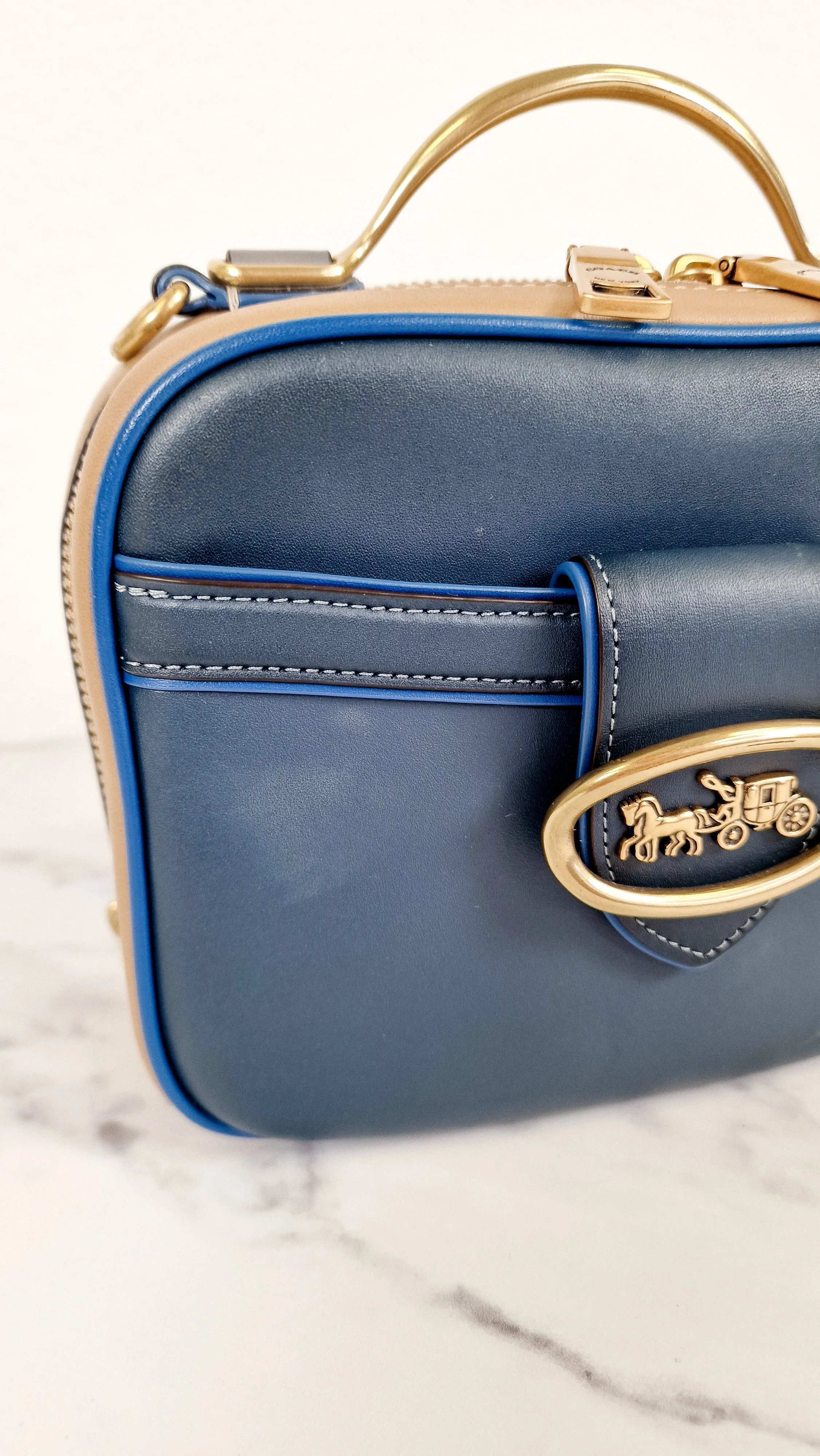 Coach 1941 Riley Lunchbox Bag in Dark Denim Blue Colorblock Smooth Leather Tophandle Crossbody Bag - Coach 704