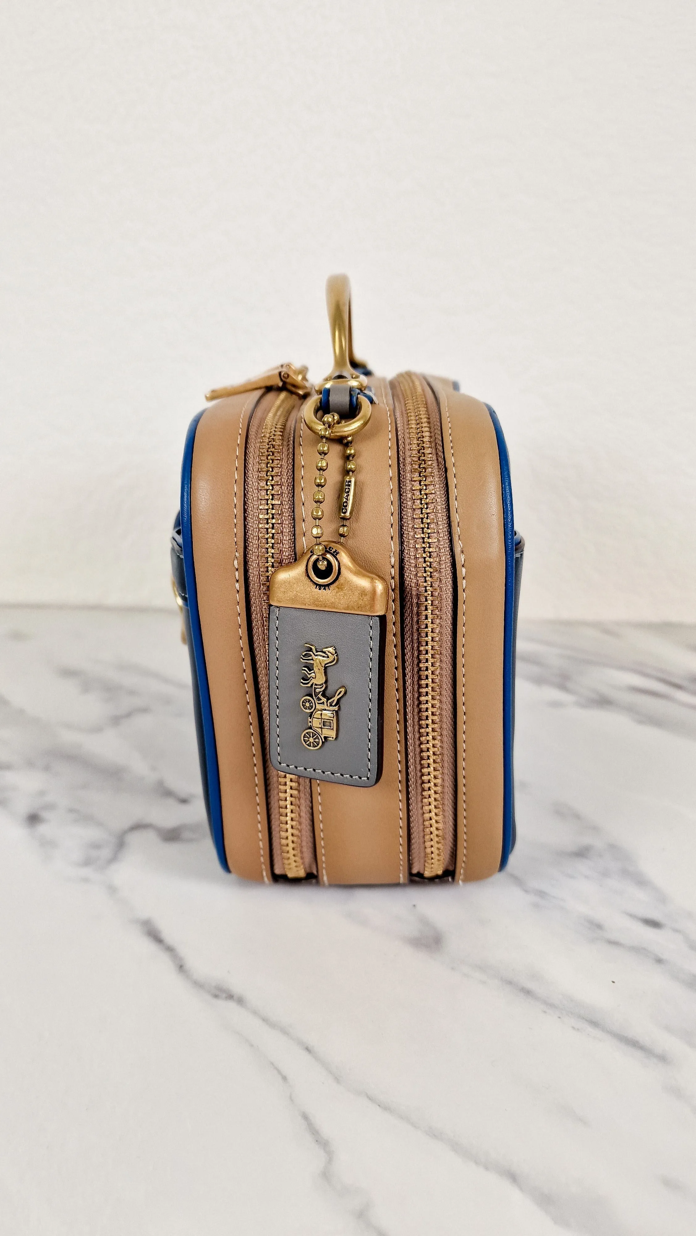 Coach 1941 Riley Lunchbox Bag in Dark Denim Blue Colorblock Smooth Leather Tophandle Crossbody Bag - Coach 704