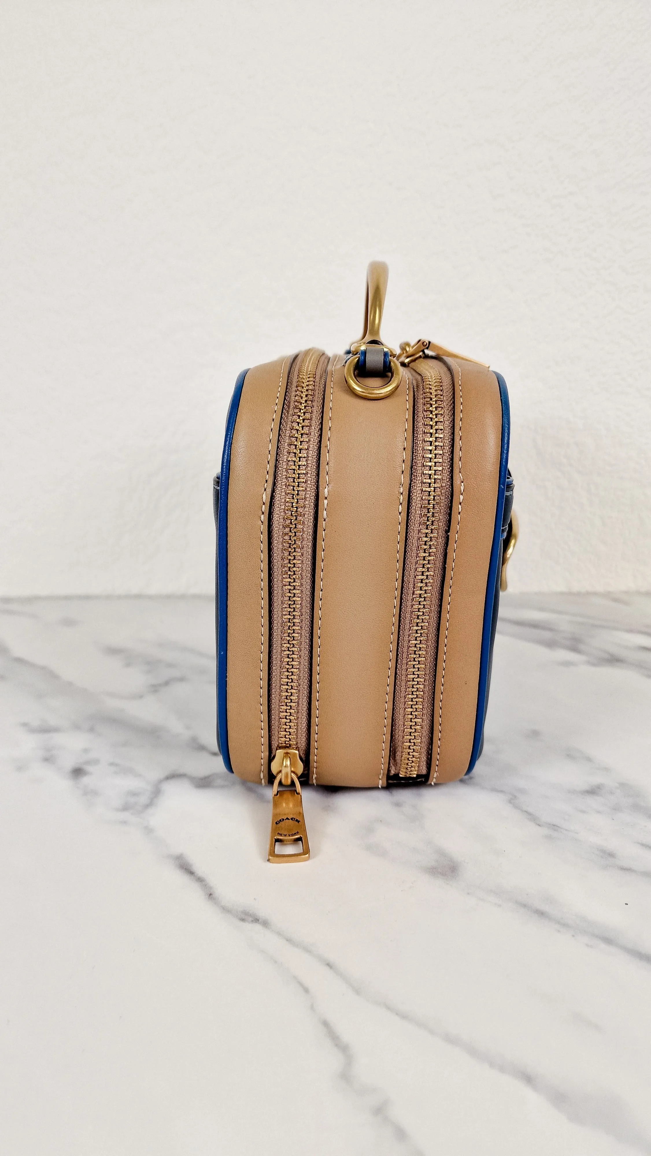 Coach 1941 Riley Lunchbox Bag in Dark Denim Blue Colorblock Smooth Leather Tophandle Crossbody Bag - Coach 704