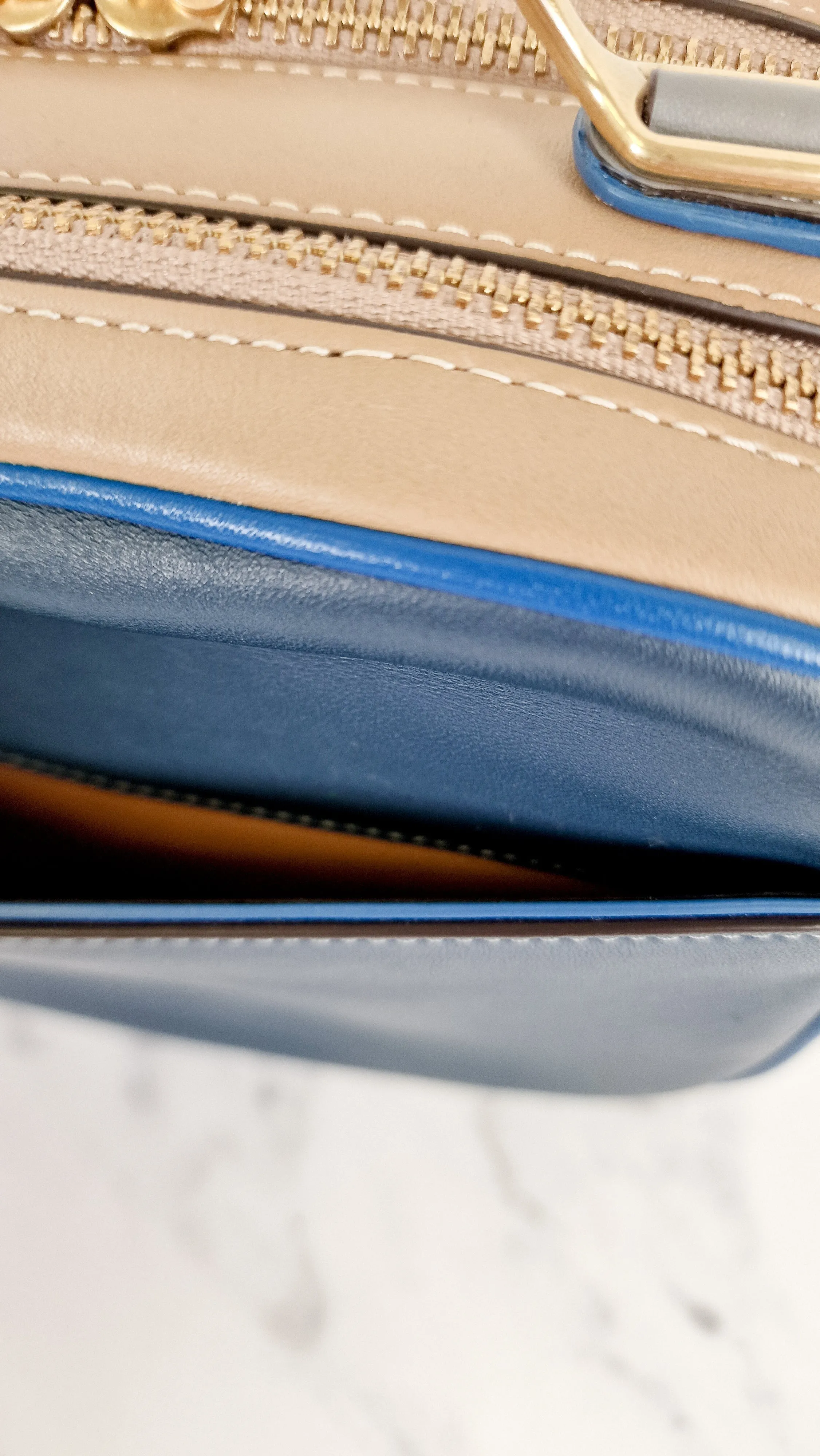 Coach 1941 Riley Lunchbox Bag in Dark Denim Blue Colorblock Smooth Leather Tophandle Crossbody Bag - Coach 704