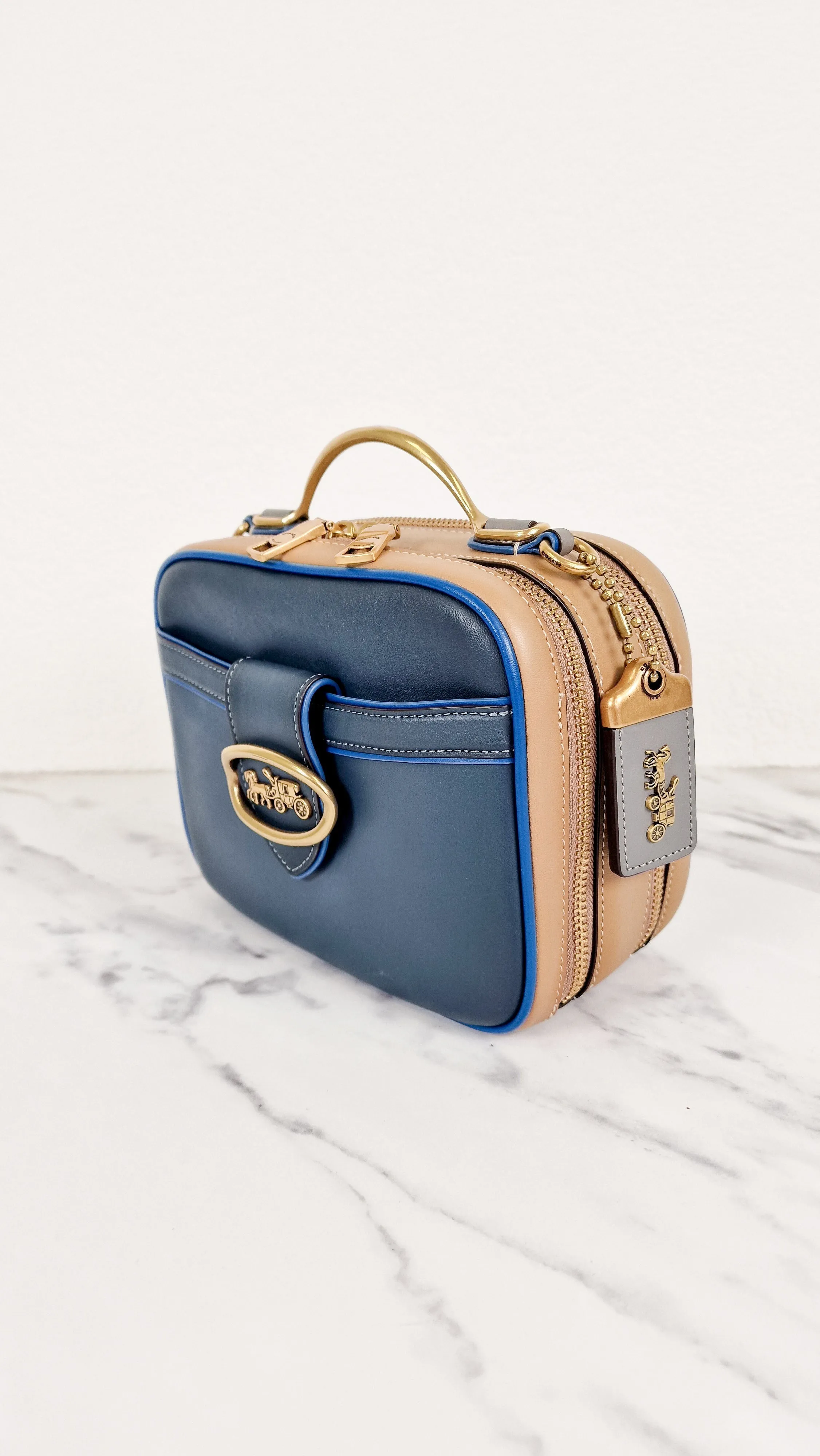 Coach 1941 Riley Lunchbox Bag in Dark Denim Blue Colorblock Smooth Leather Tophandle Crossbody Bag - Coach 704