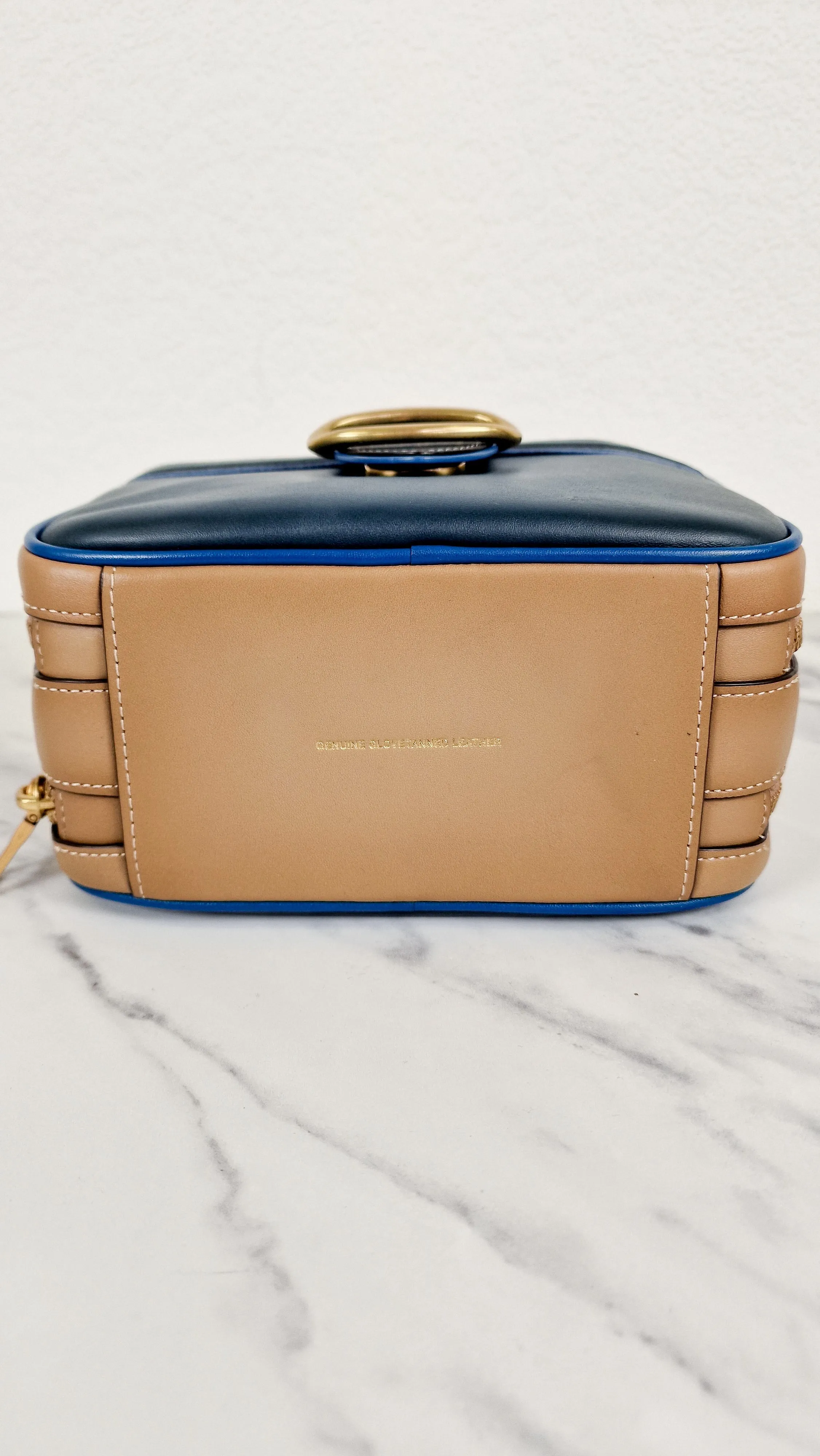 Coach 1941 Riley Lunchbox Bag in Dark Denim Blue Colorblock Smooth Leather Tophandle Crossbody Bag - Coach 704
