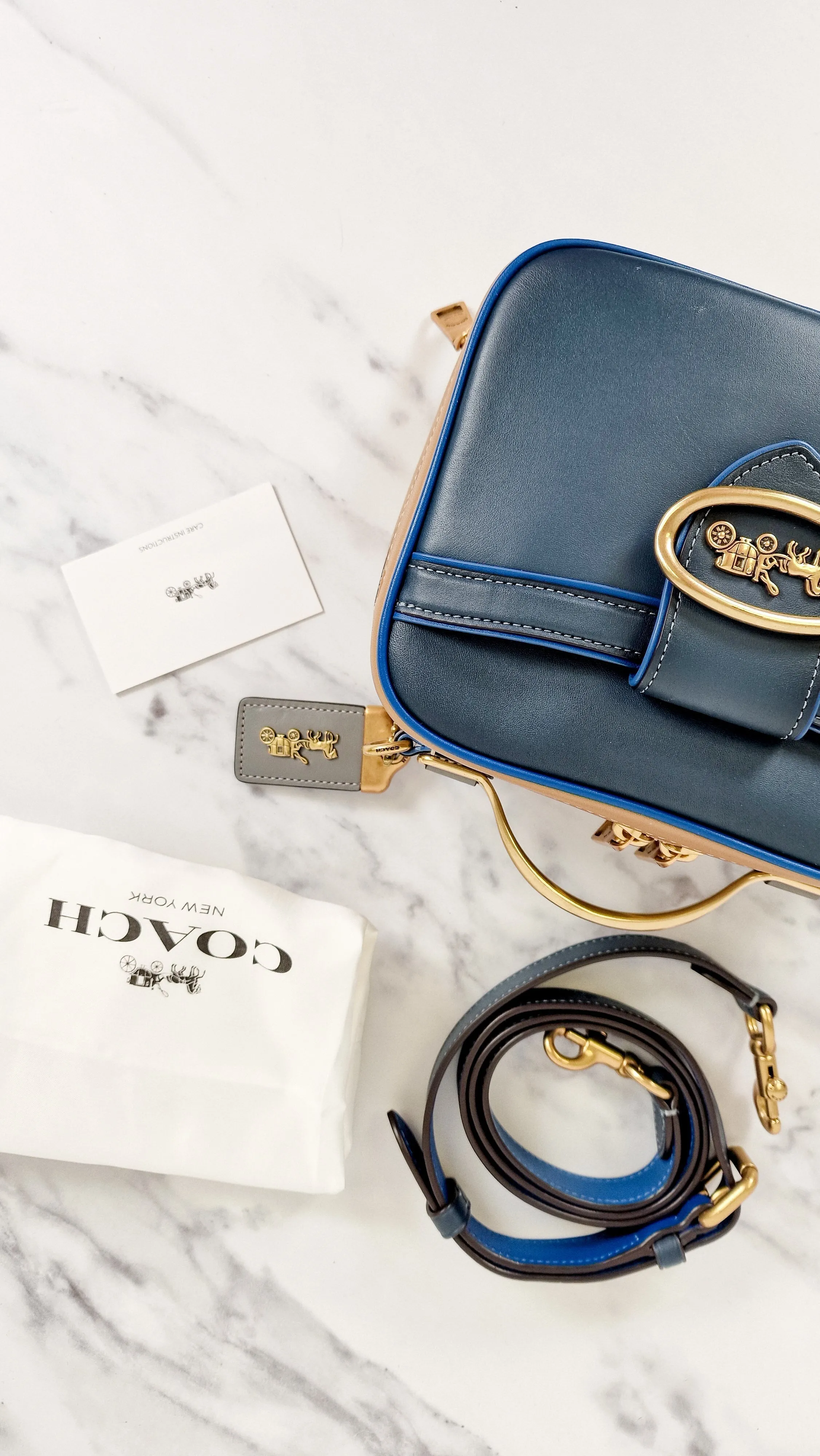 Coach 1941 Riley Lunchbox Bag in Dark Denim Blue Colorblock Smooth Leather Tophandle Crossbody Bag - Coach 704