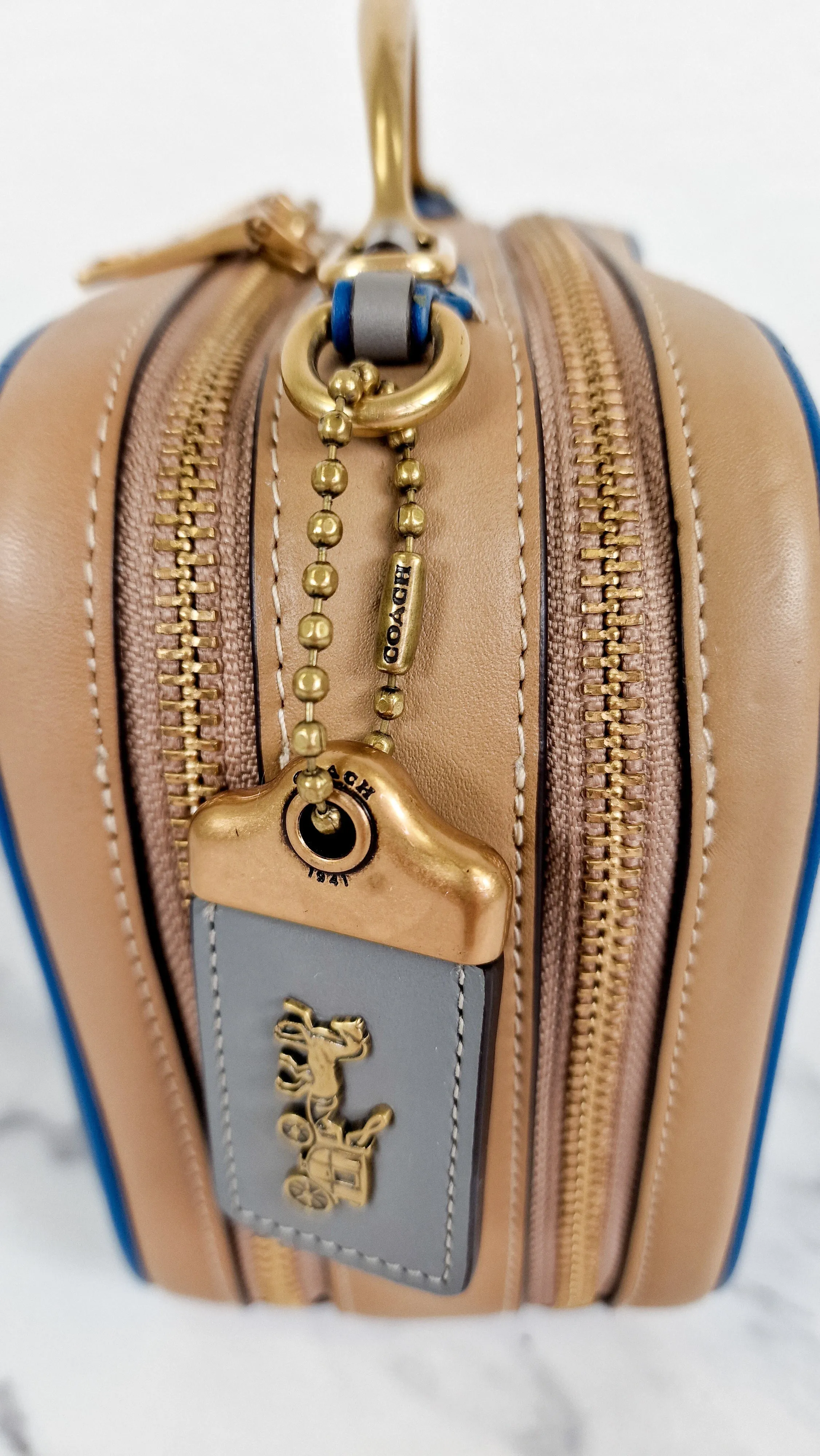 Coach 1941 Riley Lunchbox Bag in Dark Denim Blue Colorblock Smooth Leather Tophandle Crossbody Bag - Coach 704