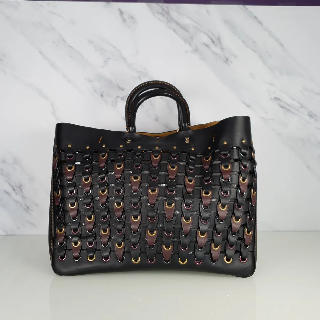 Coach 1941 Rogue Tote Bag With Links in Black & Burgundy Smooth Leather Handbag