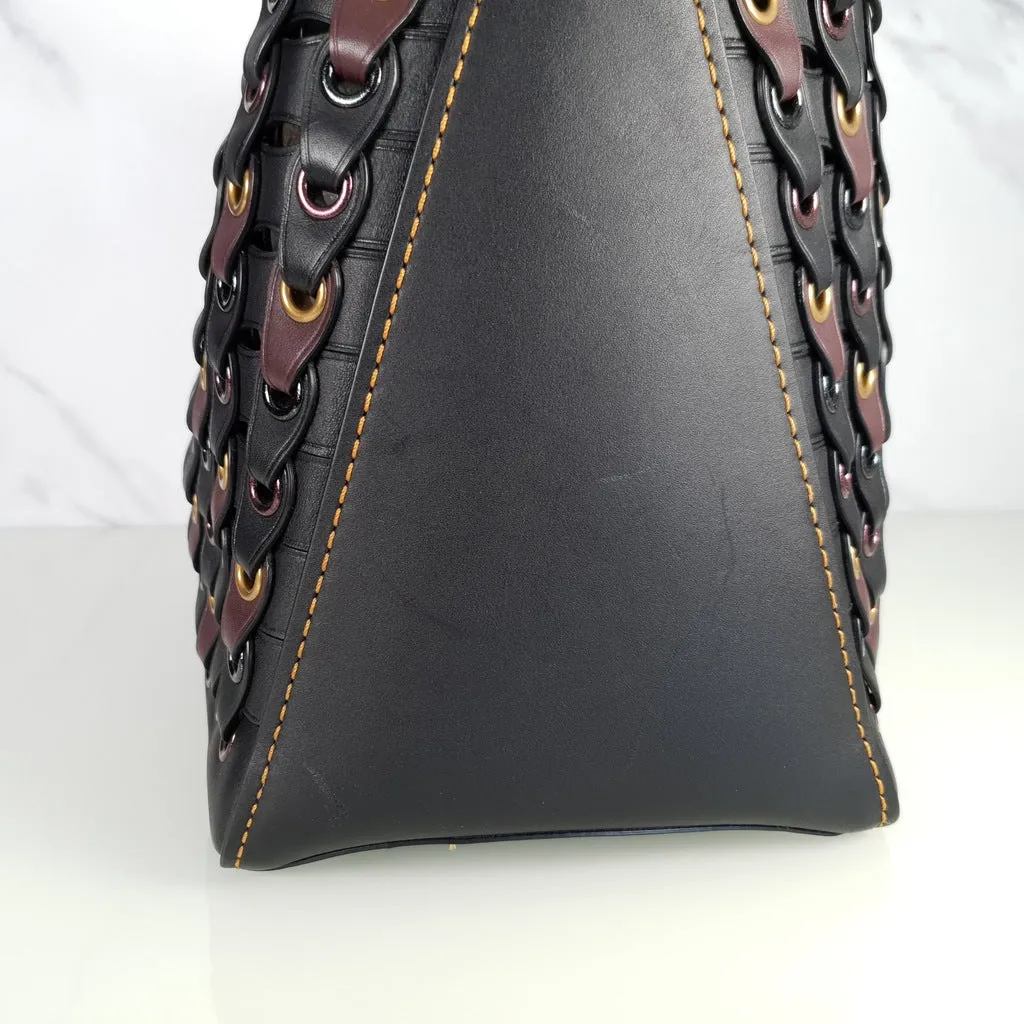Coach 1941 Rogue Tote Bag With Links in Black & Burgundy Smooth Leather Handbag