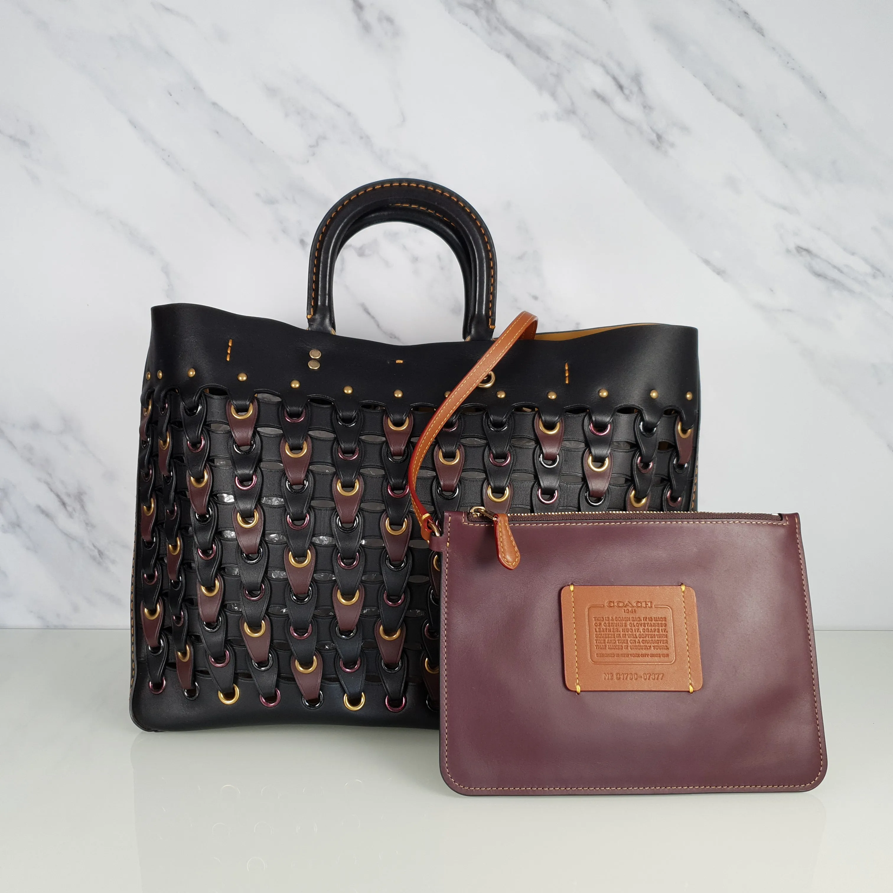 Coach 1941 Rogue Tote Bag With Links in Black & Burgundy Smooth Leather Handbag