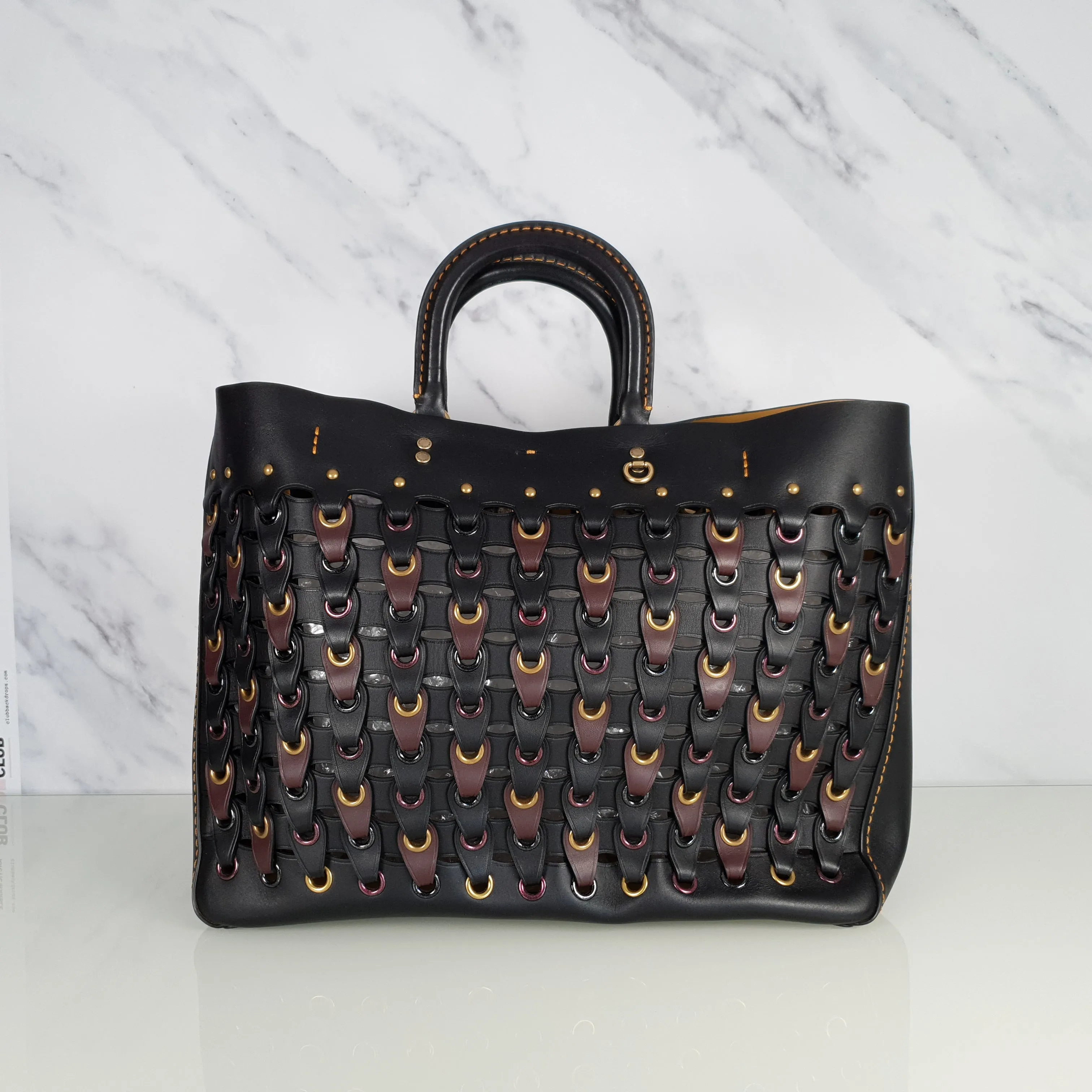 Coach 1941 Rogue Tote Bag With Links in Black & Burgundy Smooth Leather Handbag