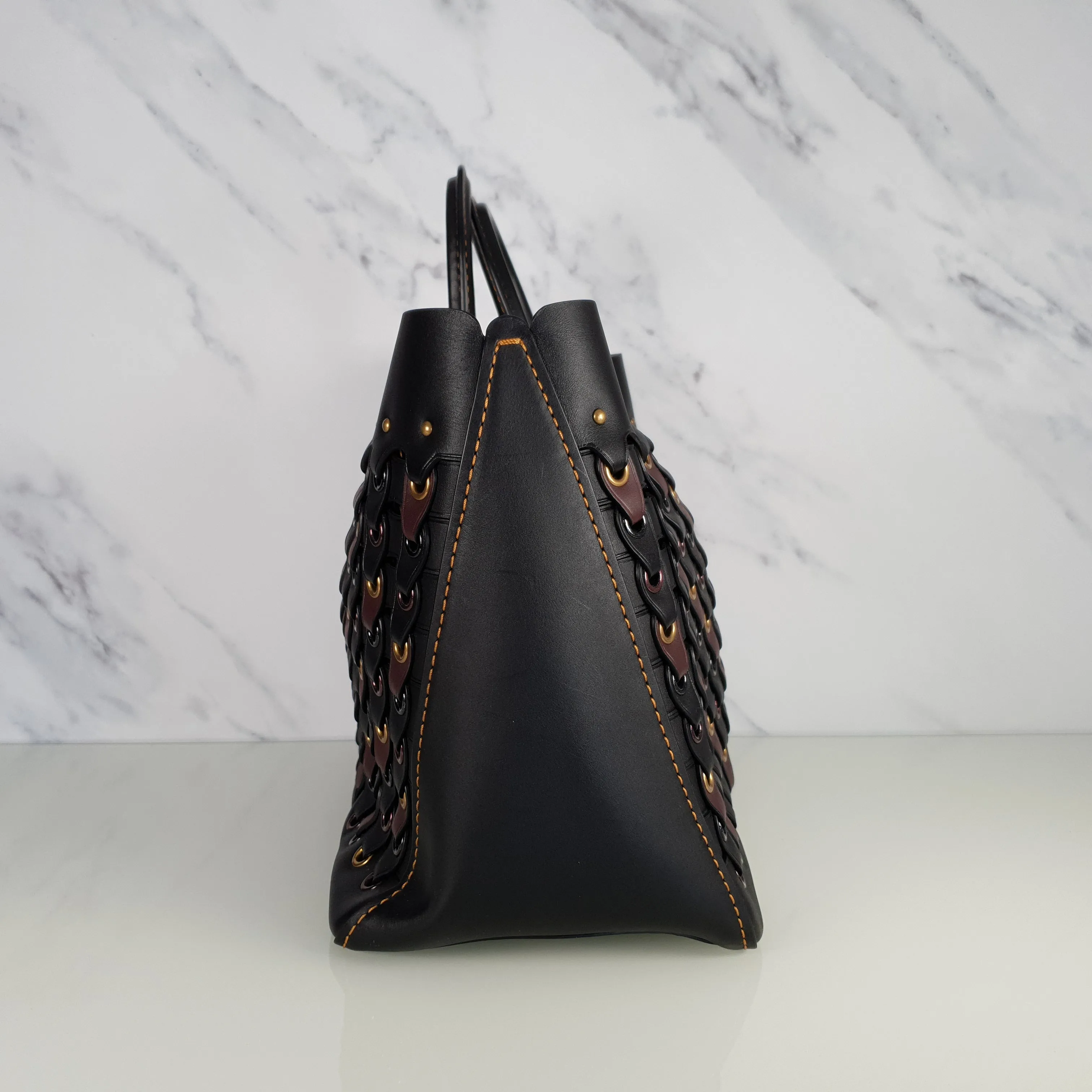 Coach 1941 Rogue Tote Bag With Links in Black & Burgundy Smooth Leather Handbag