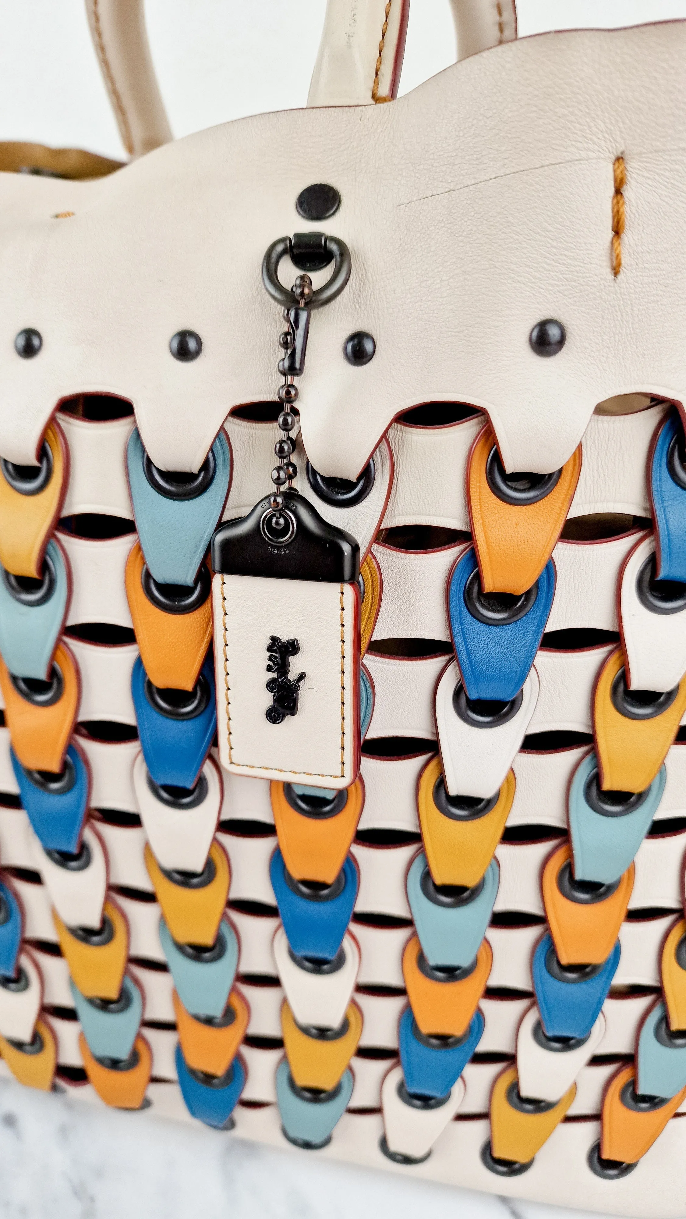 Coach 1941 Rogue Tote Bag With Links in Chalk Smooth Leather Blue, Yellow Colorblock Handbag Coach 10496