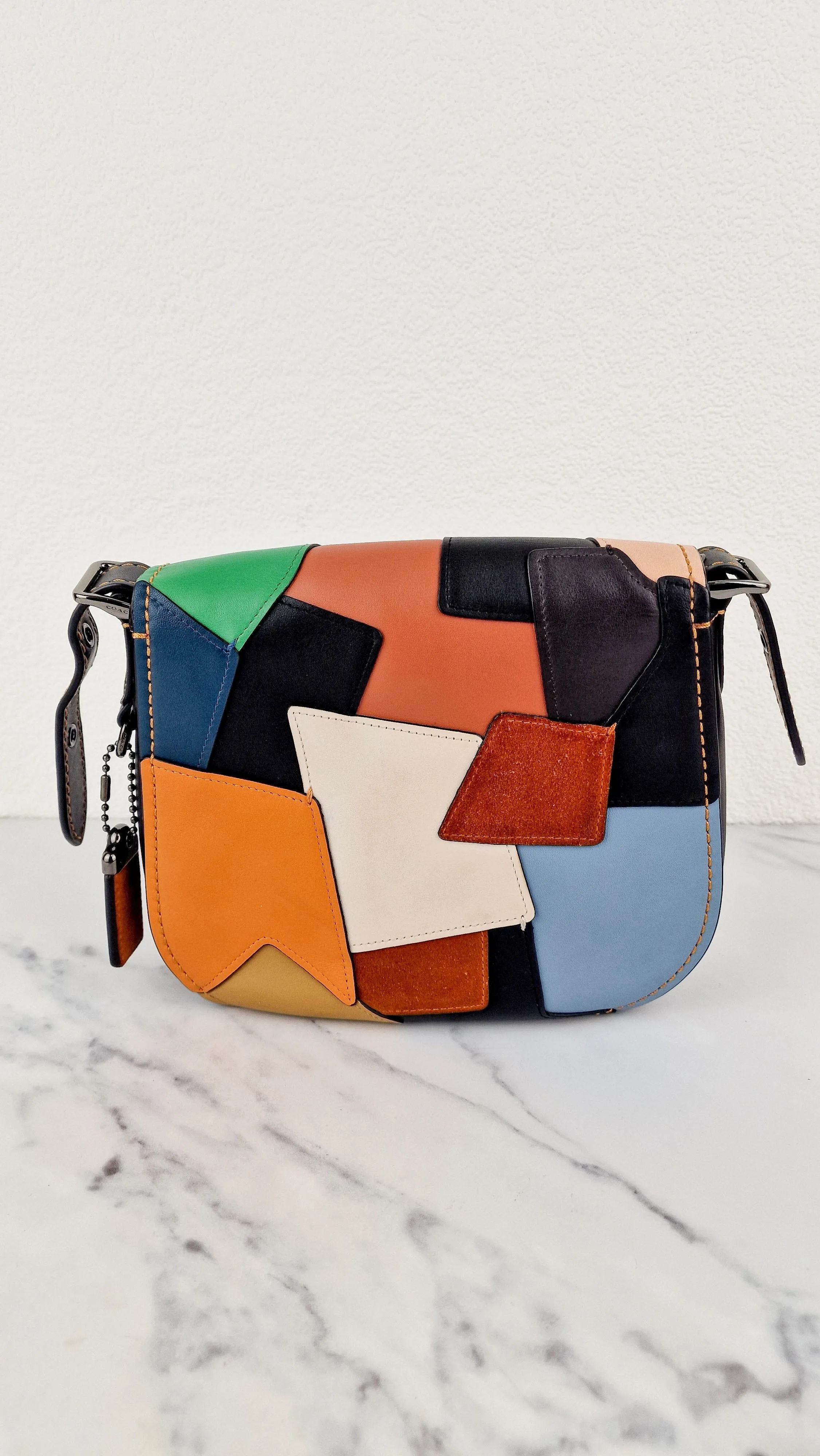 Coach 1941 Saddle 23 Bag in Black with Patchwork Orange Blue Green - Crossbody Shoulder Bag Coach 38482