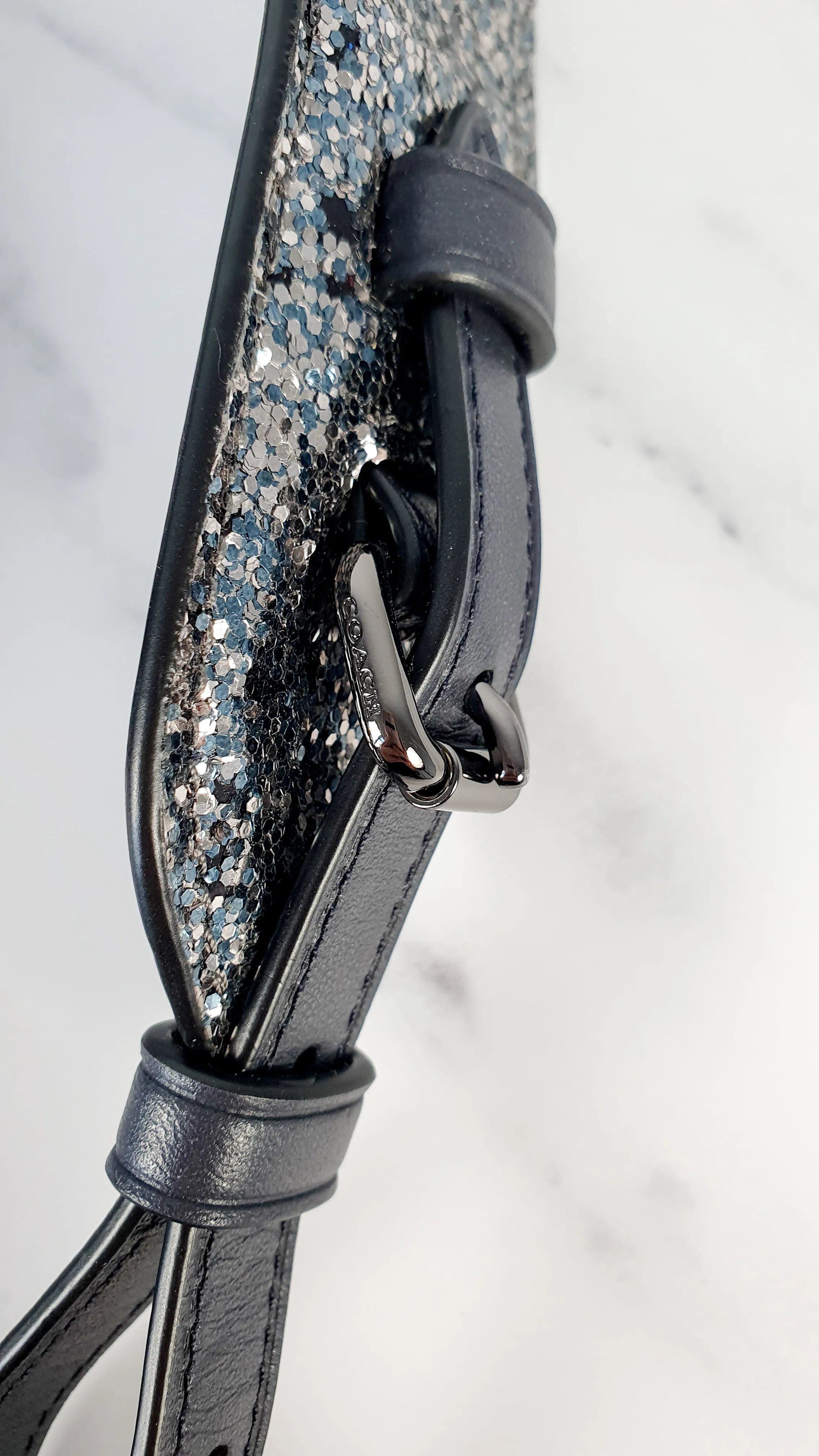 Coach Novelty Strap in Silver Glitter & Dark Blue Midnight Leather - Crossbody Shoulder Strap