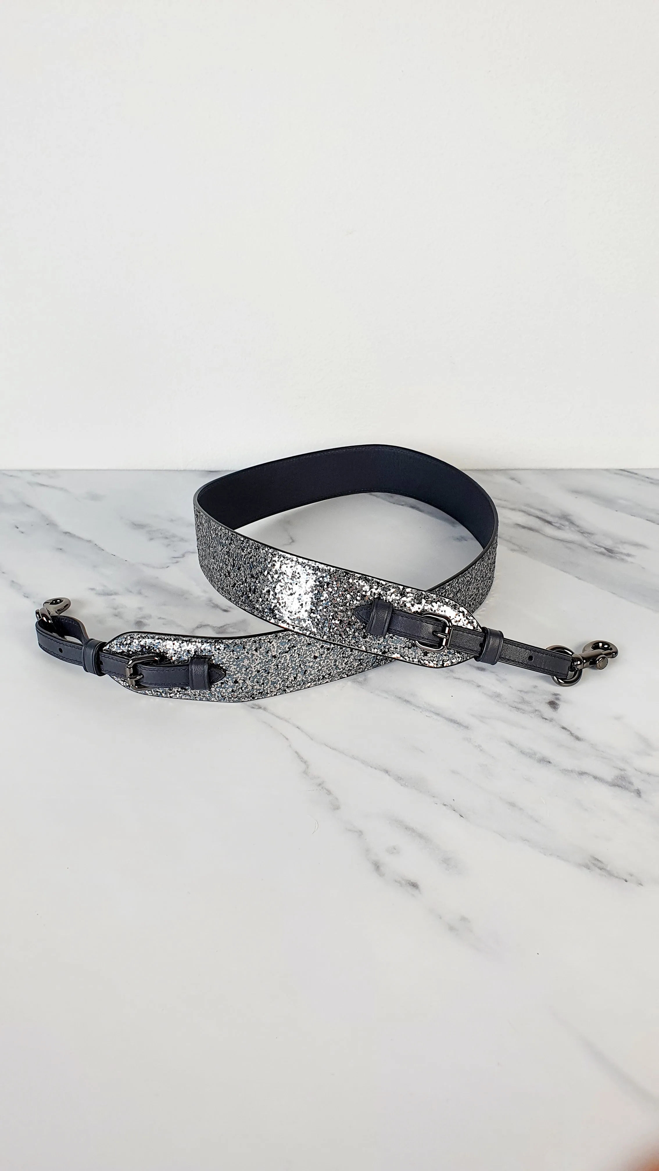 Coach Novelty Strap in Silver Glitter & Dark Blue Midnight Leather - Crossbody Shoulder Strap