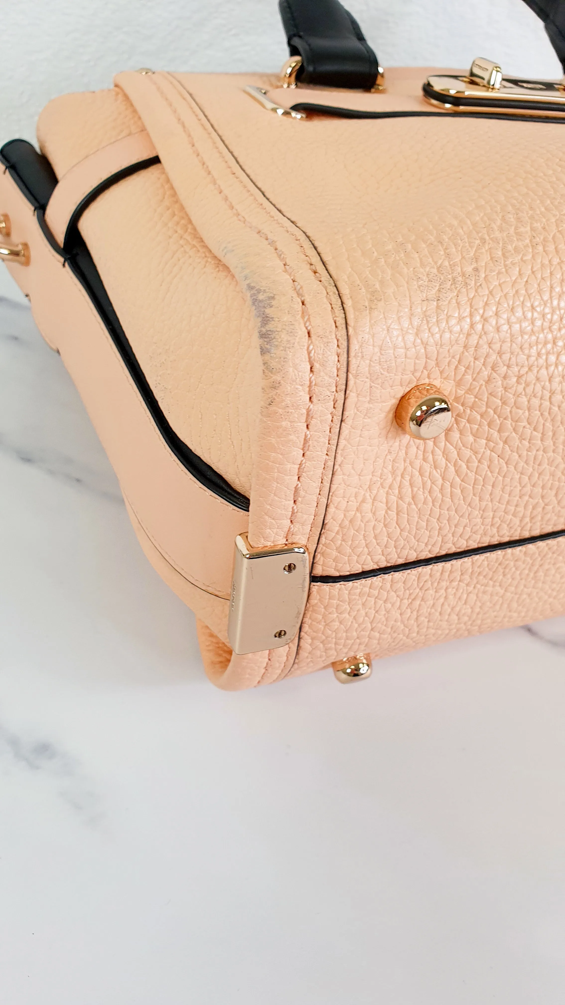Coach Swagger 27 in Peach Salmon Pink with Colorblock Black Handles - Pebble Leather HandbagCrossbody Bag - Coach 34417