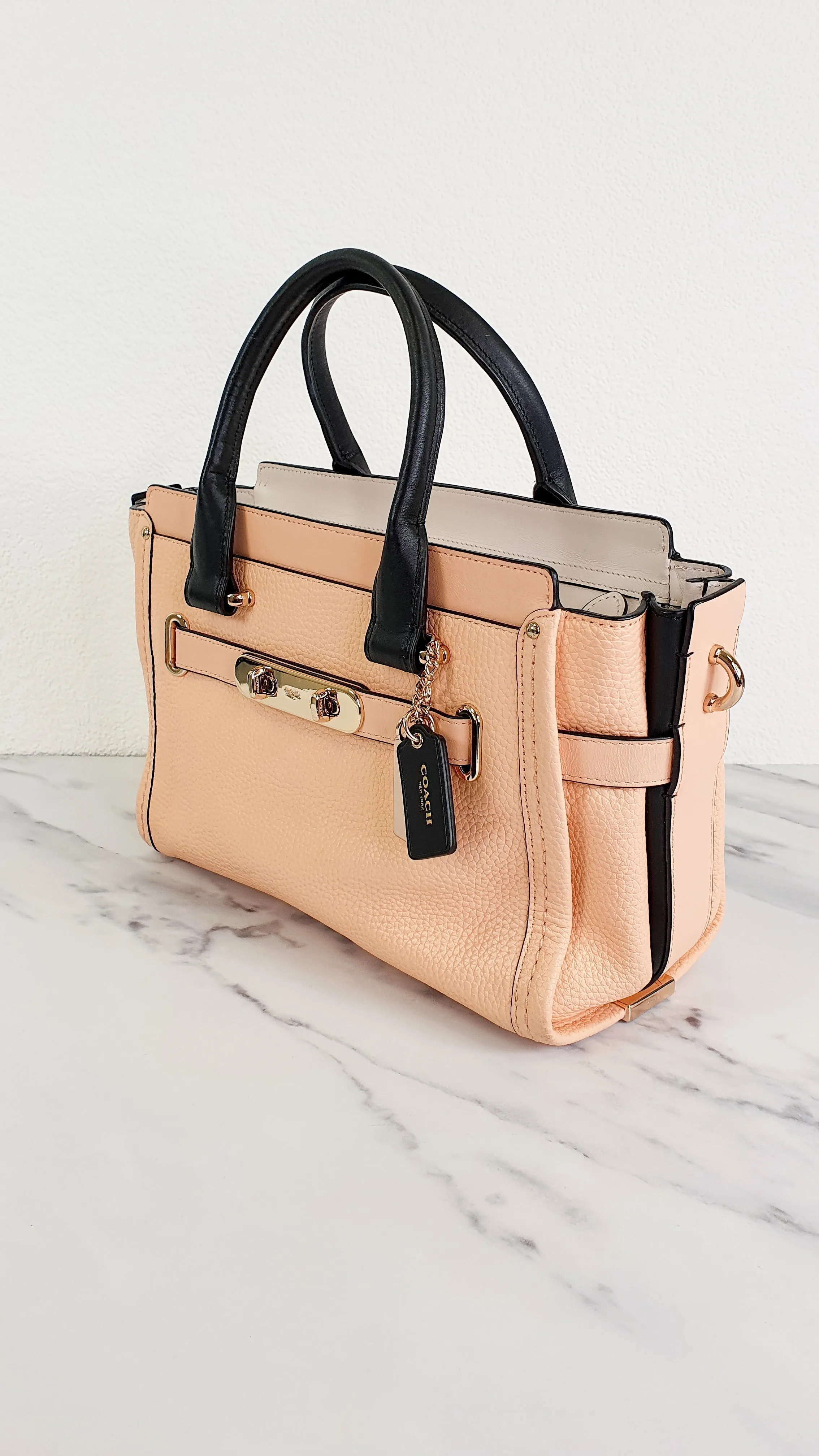 Coach Swagger 27 in Peach Salmon Pink with Colorblock Black Handles - Pebble Leather HandbagCrossbody Bag - Coach 34417