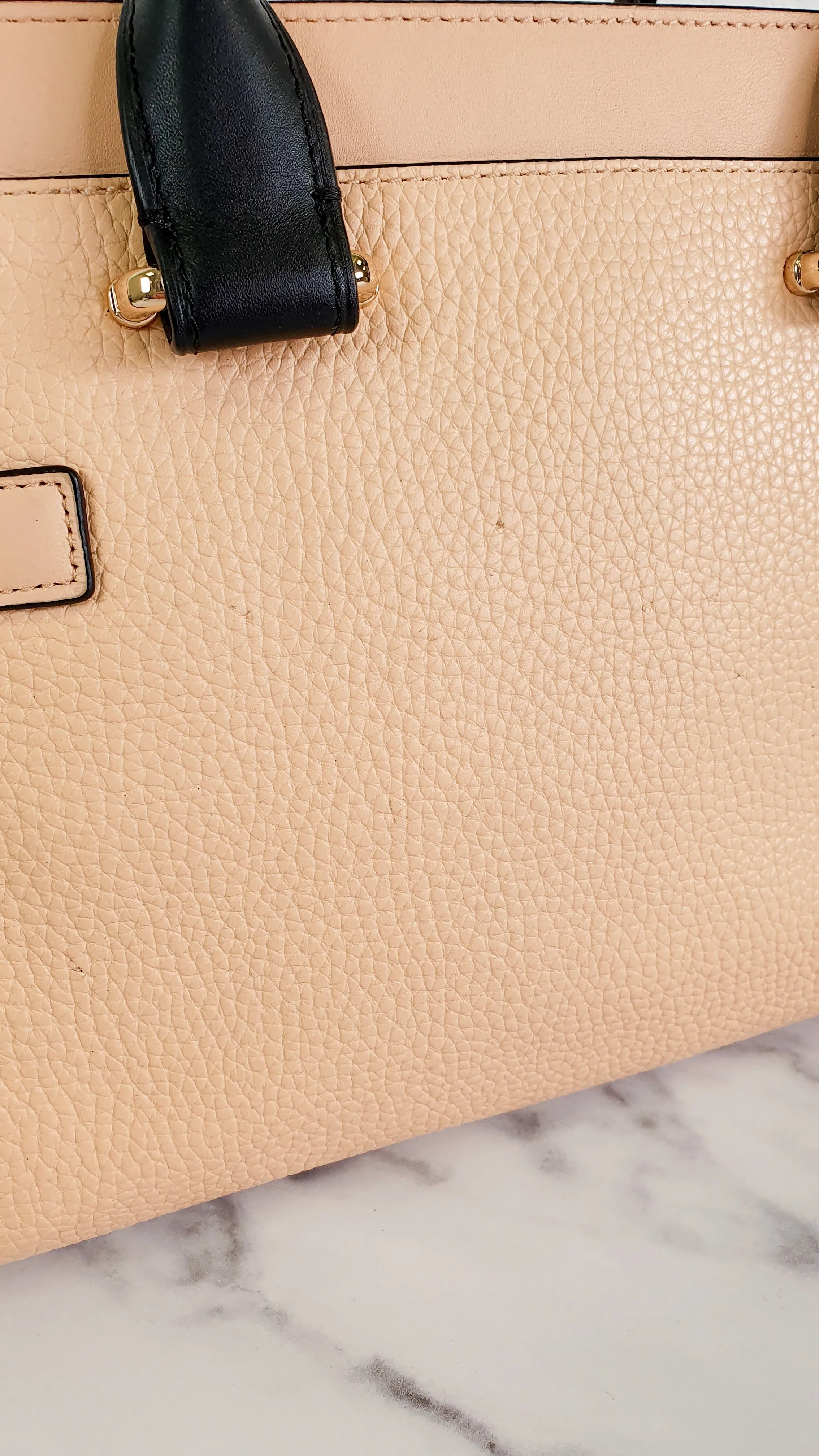 Coach Swagger 27 in Peach Salmon Pink with Colorblock Black Handles - Pebble Leather HandbagCrossbody Bag - Coach 34417