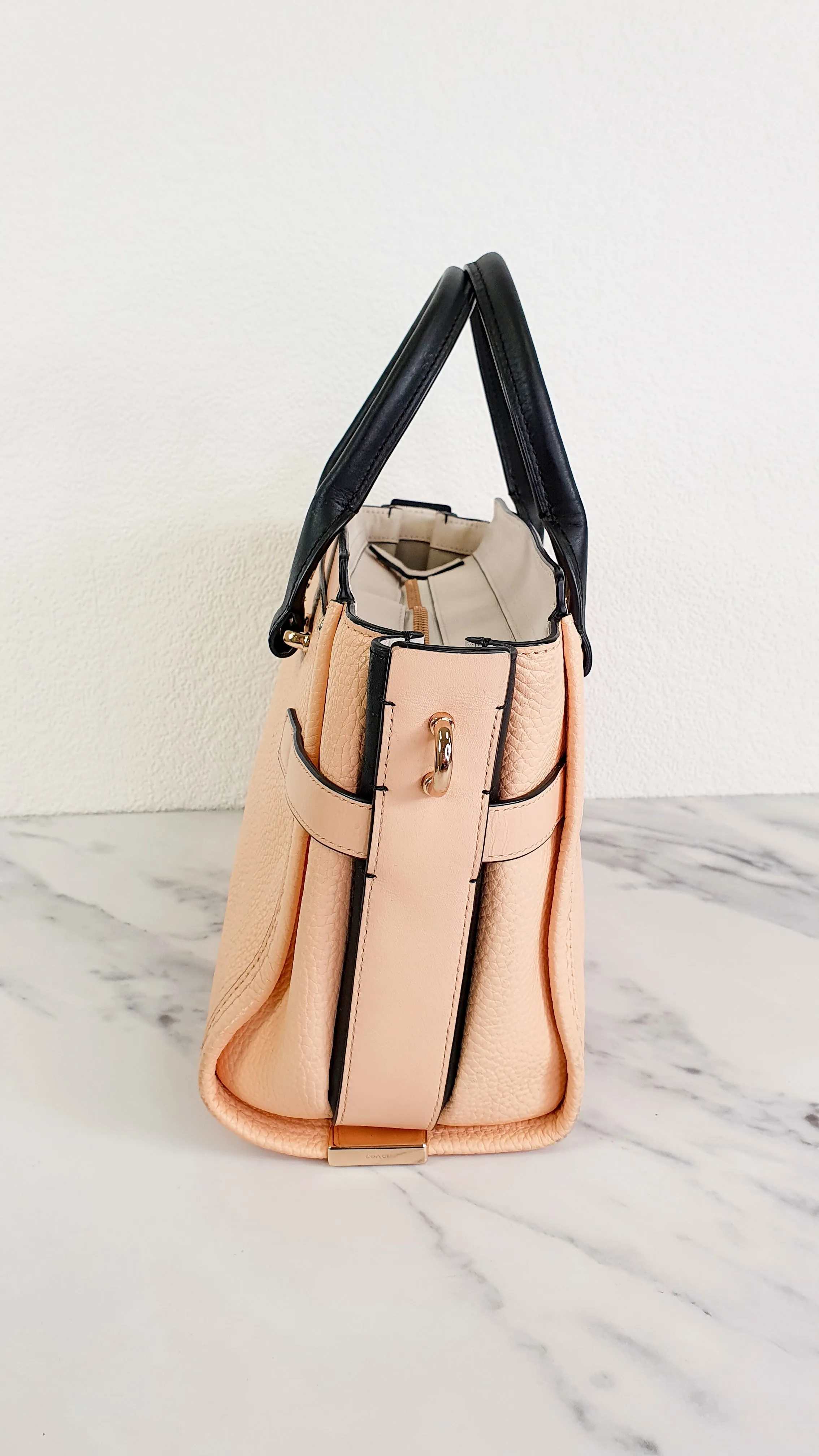 Coach Swagger 27 in Peach Salmon Pink with Colorblock Black Handles - Pebble Leather HandbagCrossbody Bag - Coach 34417