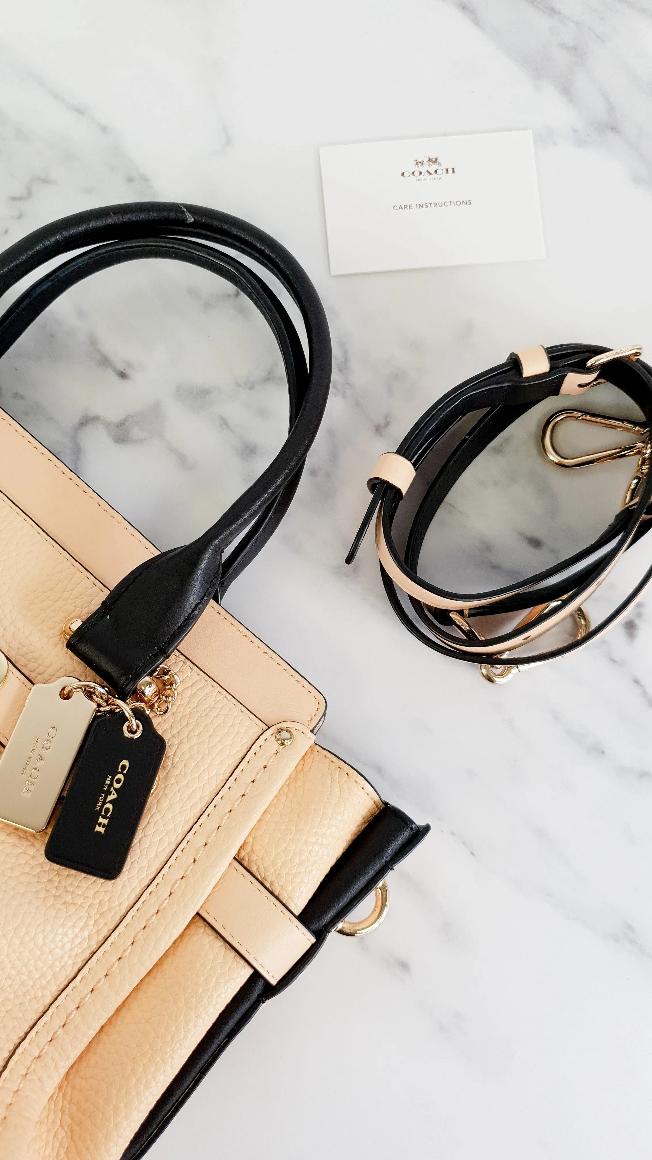 Coach Swagger 27 in Peach Salmon Pink with Colorblock Black Handles - Pebble Leather HandbagCrossbody Bag - Coach 34417