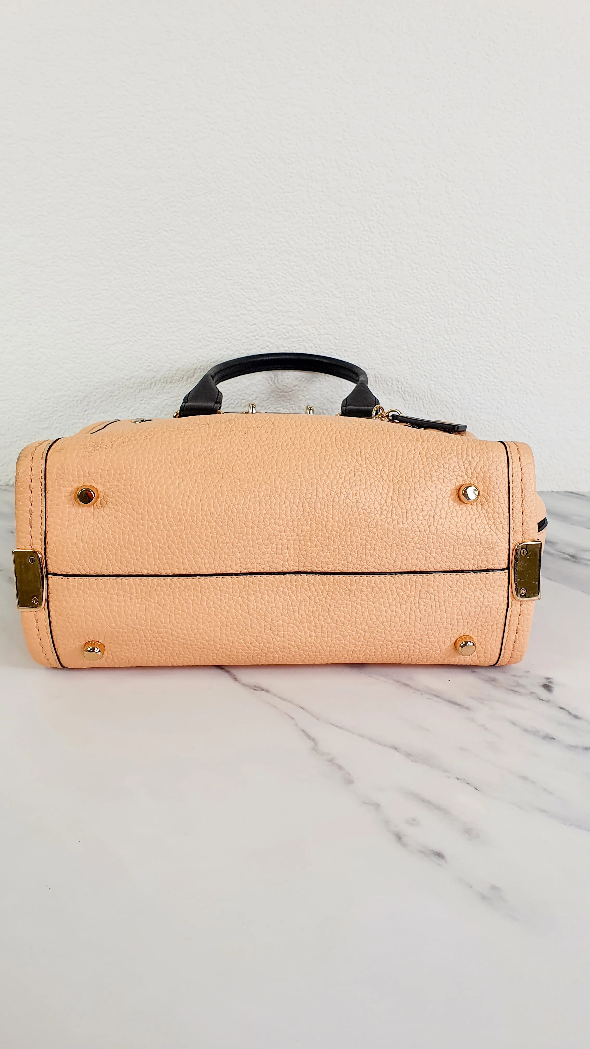 Coach Swagger 27 in Peach Salmon Pink with Colorblock Black Handles - Pebble Leather HandbagCrossbody Bag - Coach 34417