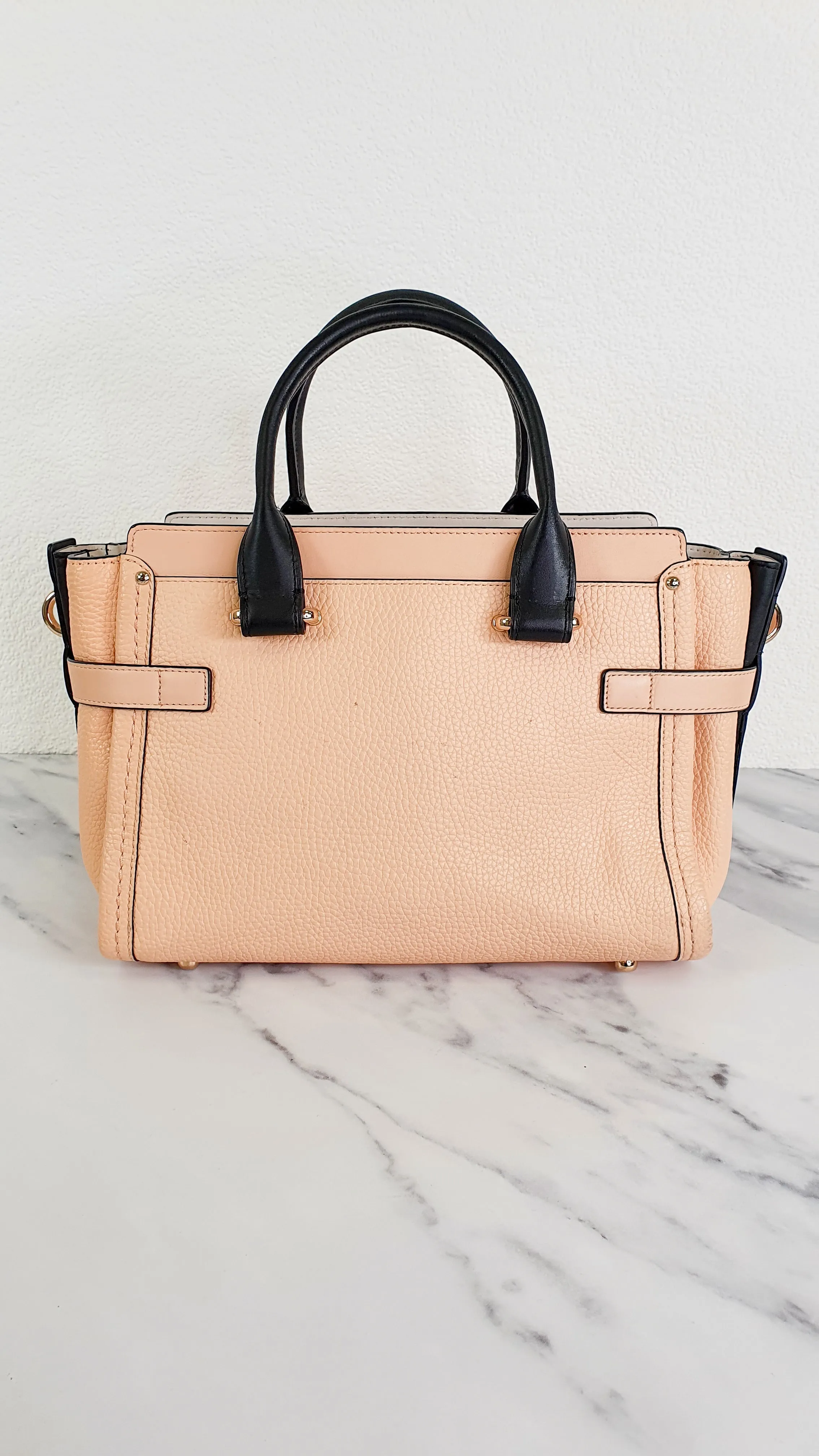 Coach Swagger 27 in Peach Salmon Pink with Colorblock Black Handles - Pebble Leather HandbagCrossbody Bag - Coach 34417