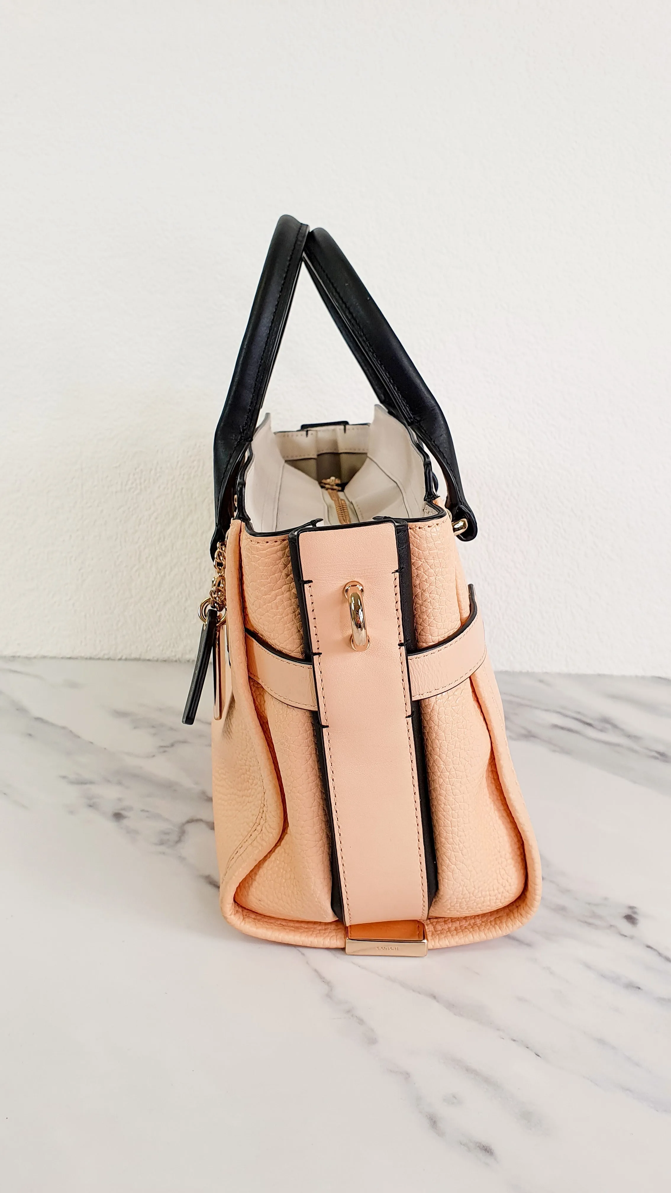 Coach Swagger 27 in Peach Salmon Pink with Colorblock Black Handles - Pebble Leather HandbagCrossbody Bag - Coach 34417