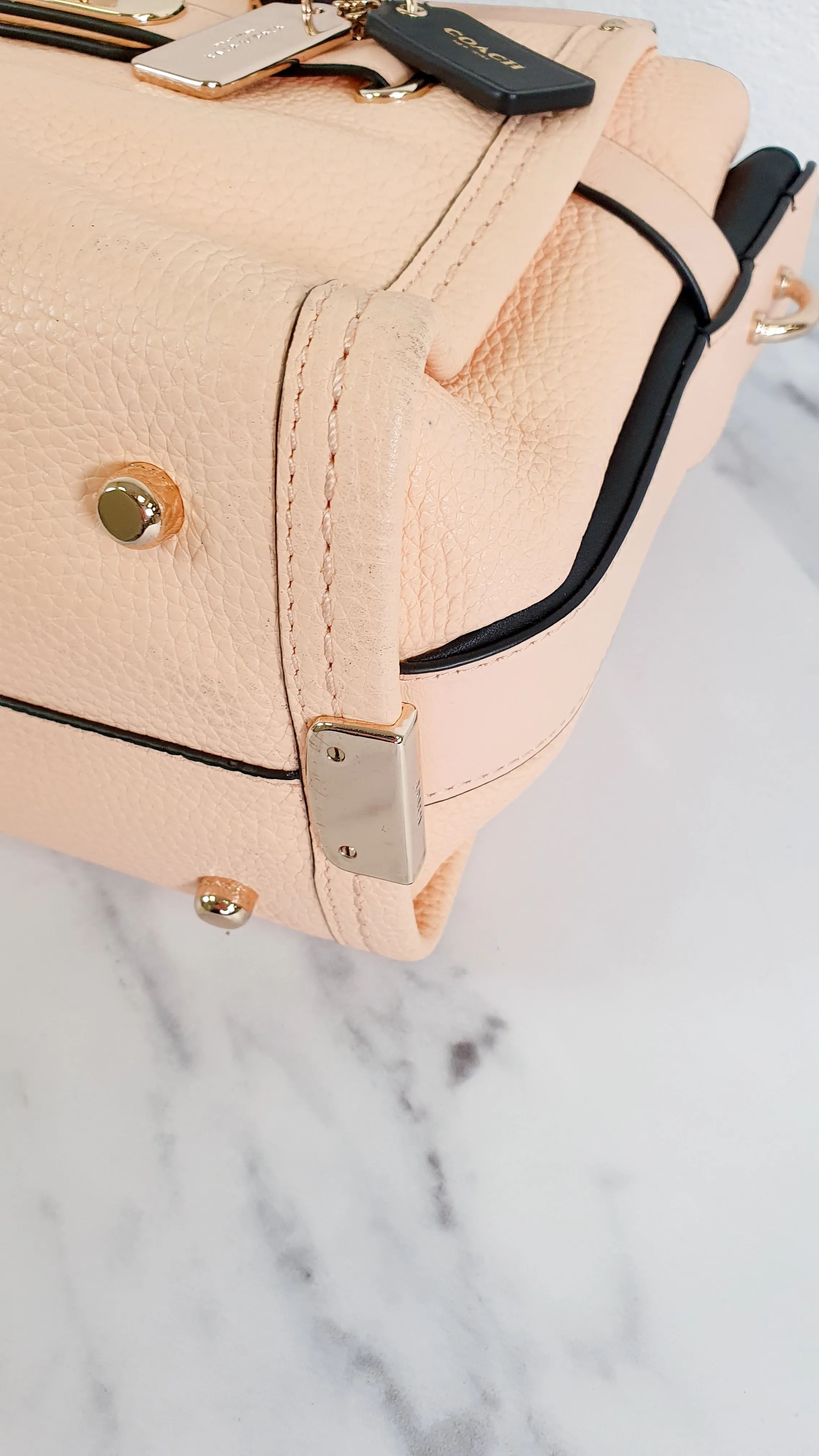 Coach Swagger 27 in Peach Salmon Pink with Colorblock Black Handles - Pebble Leather HandbagCrossbody Bag - Coach 34417