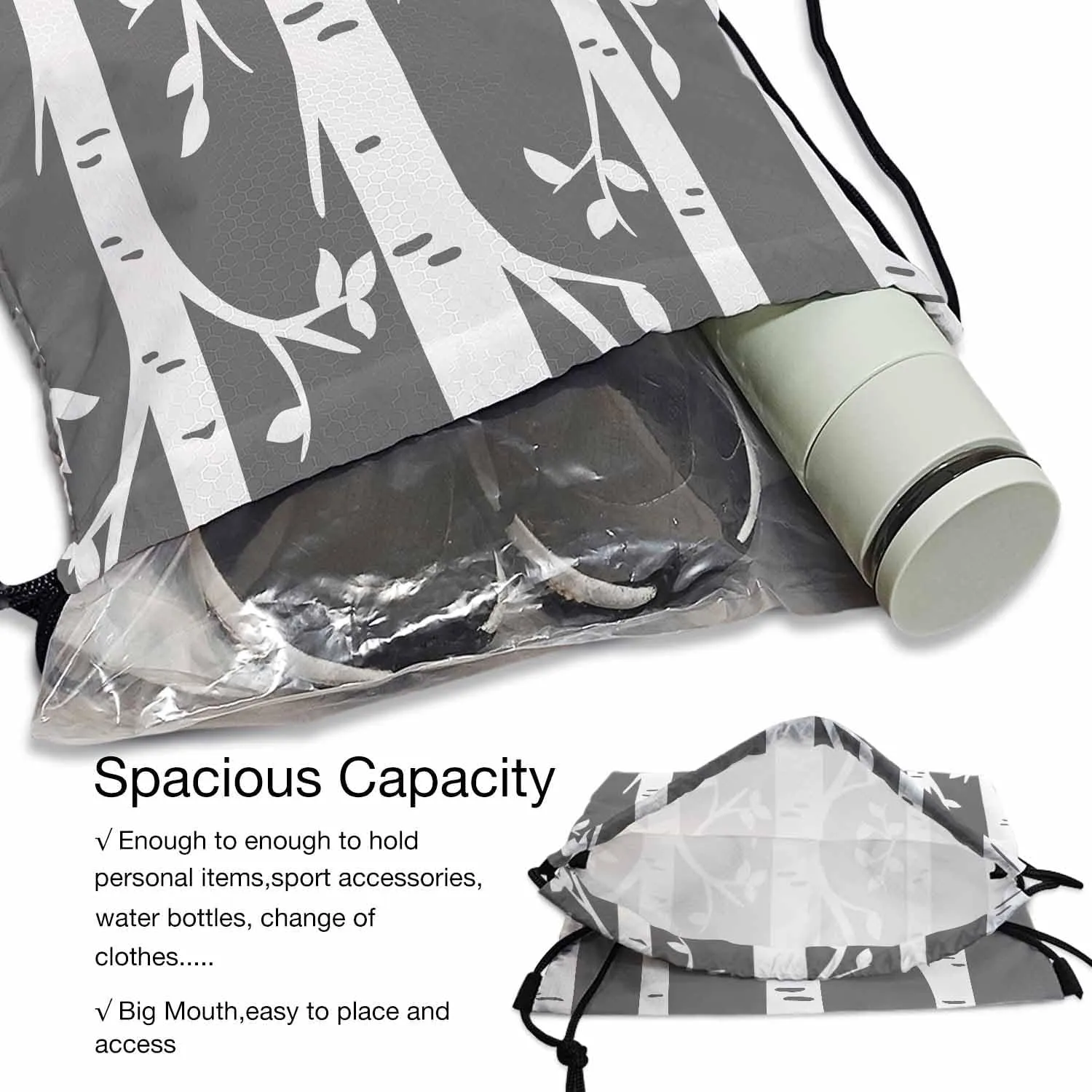 Drawstring Bags Birch Grove Straight Trunks Branch Simple Design Grey White Sport Gym Sack Drawstring Bag String Bag Yoga Bag 14x16.9 Inch