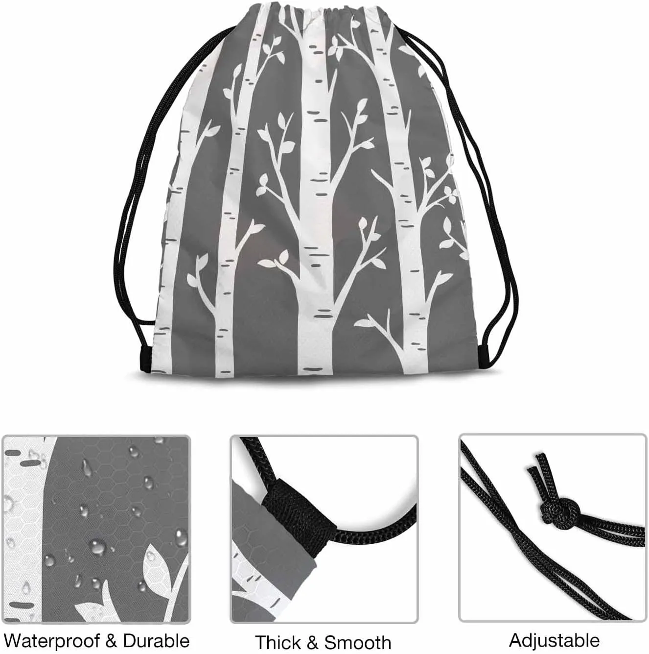 Drawstring Bags Birch Grove Straight Trunks Branch Simple Design Grey White Sport Gym Sack Drawstring Bag String Bag Yoga Bag 14x16.9 Inch