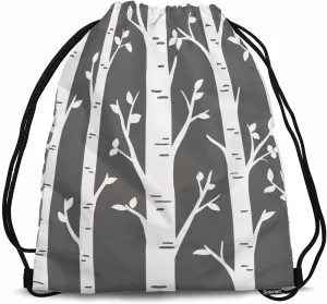 Drawstring Bags Birch Grove Straight Trunks Branch Simple Design Grey White Sport Gym Sack Drawstring Bag String Bag Yoga Bag 14x16.9 Inch