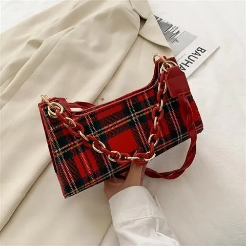 Fashion Plaid Ladies PU Leather Underarm Shoulder Bags Female All Match Zipper Armpit Bag Retro Baguette Handbags Clutch Purse