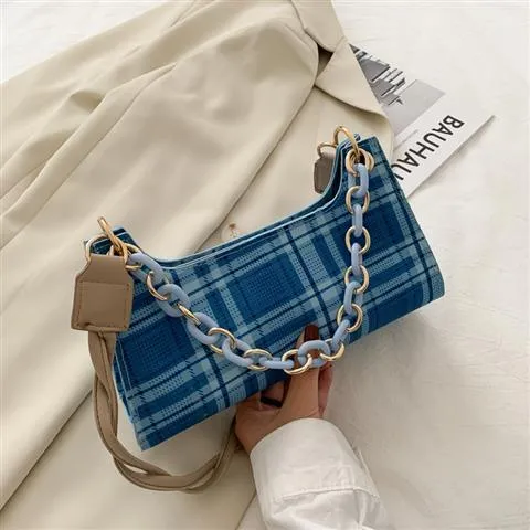 Fashion Plaid Ladies PU Leather Underarm Shoulder Bags Female All Match Zipper Armpit Bag Retro Baguette Handbags Clutch Purse