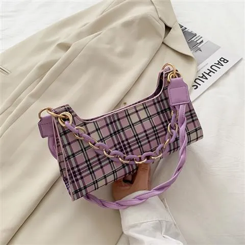 Fashion Plaid Ladies PU Leather Underarm Shoulder Bags Female All Match Zipper Armpit Bag Retro Baguette Handbags Clutch Purse