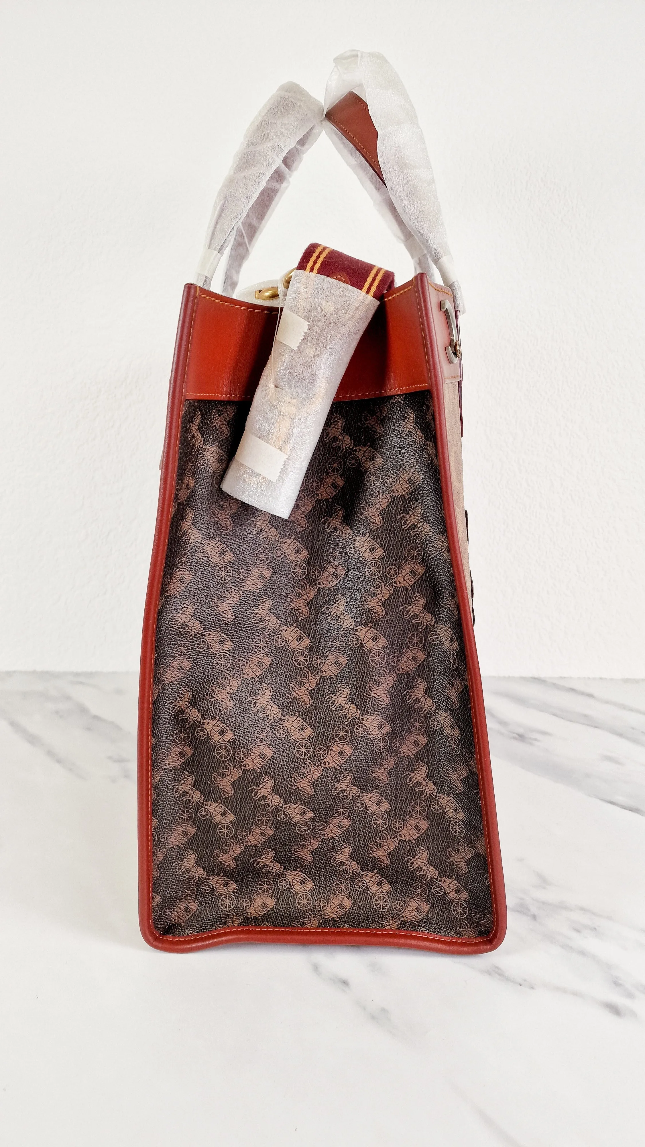 Field Tote 40 in Signature Canvas with Souvenir Patches and Pins Empire State Rexy - Tan Rust Saddle Brown Shoulder Bag Crossbody - Coach C0768