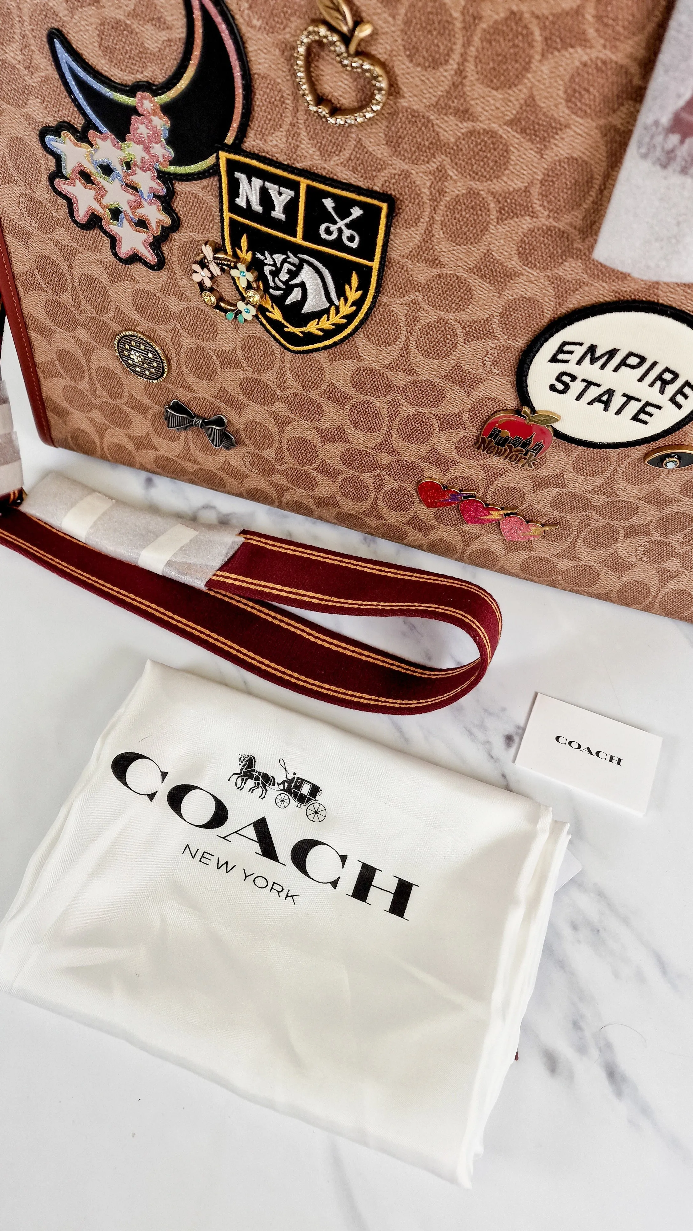 Field Tote 40 in Signature Canvas with Souvenir Patches and Pins Empire State Rexy - Tan Rust Saddle Brown Shoulder Bag Crossbody - Coach C0768