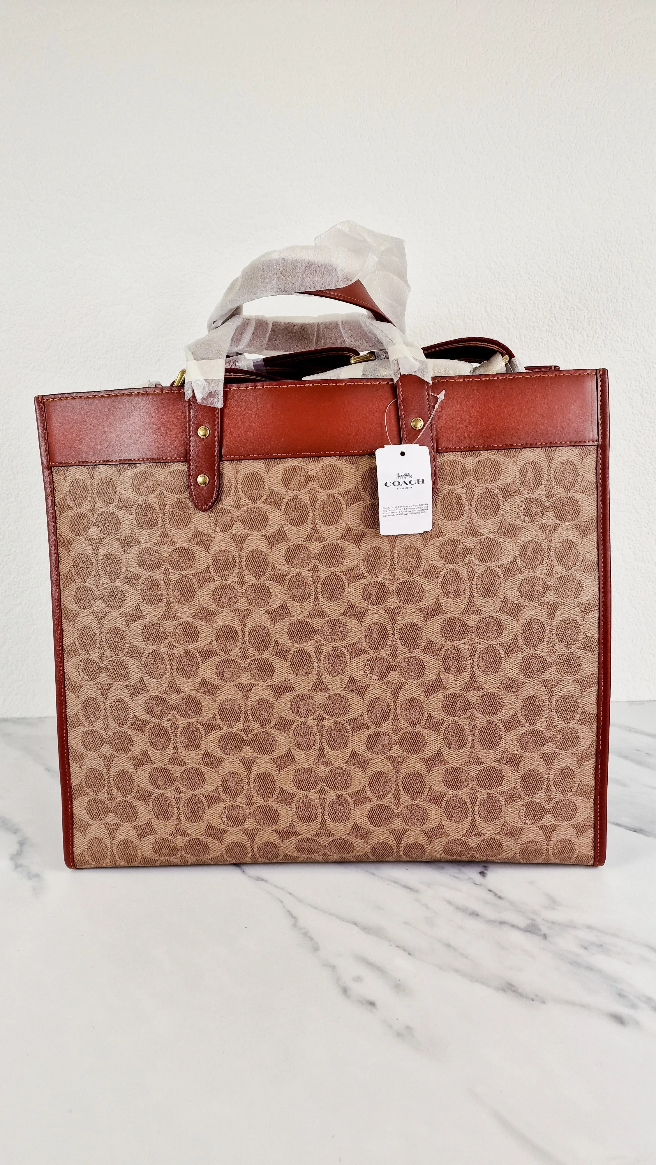 Field Tote 40 in Signature Canvas with Souvenir Patches and Pins Empire State Rexy - Tan Rust Saddle Brown Shoulder Bag Crossbody - Coach C0768