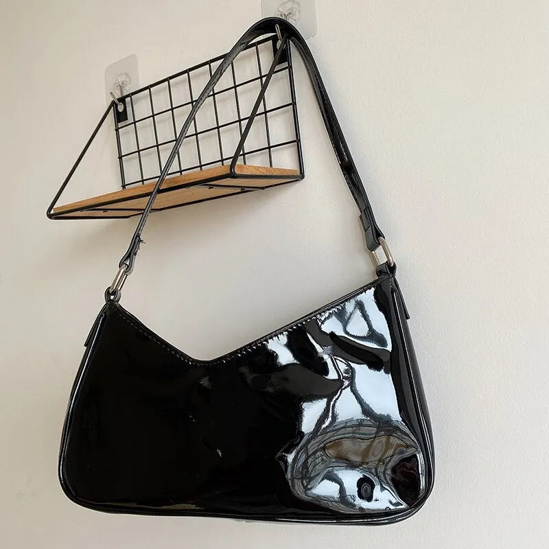 Graduation Gift Vintage Women Black Patent Leather Shoulder Bag Fashion Design Ladies Underarm Bag Retro Y2k Cool Girls Small Purse Handbags