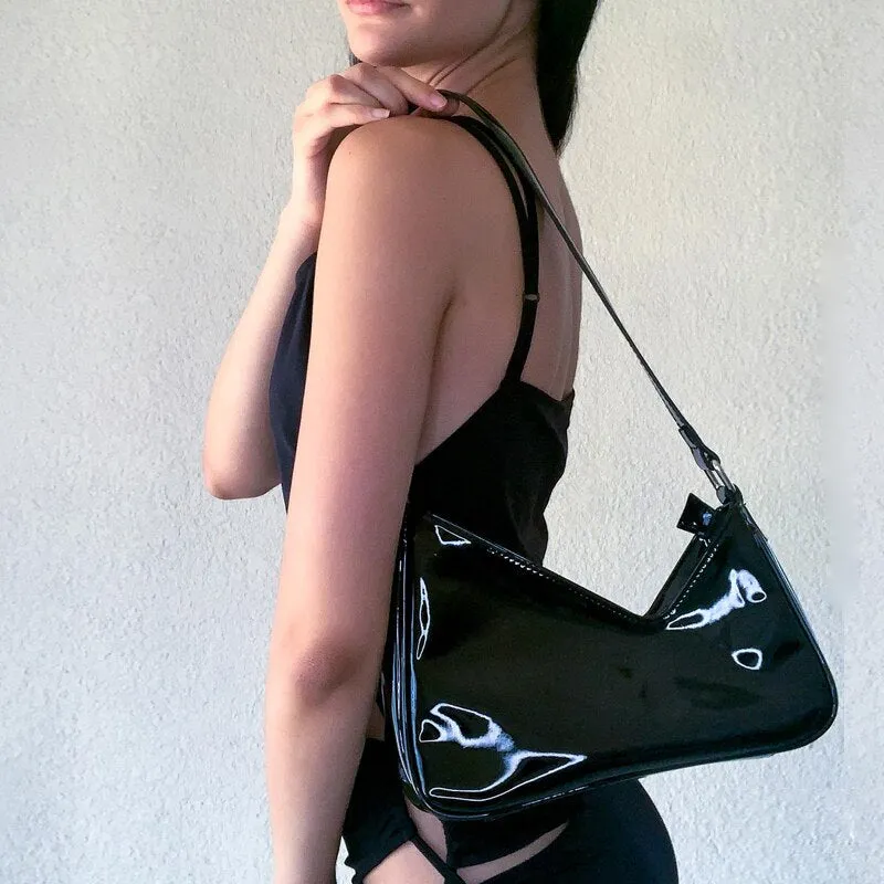 Graduation Gift Vintage Women Black Patent Leather Shoulder Bag Fashion Design Ladies Underarm Bag Retro Y2k Cool Girls Small Purse Handbags